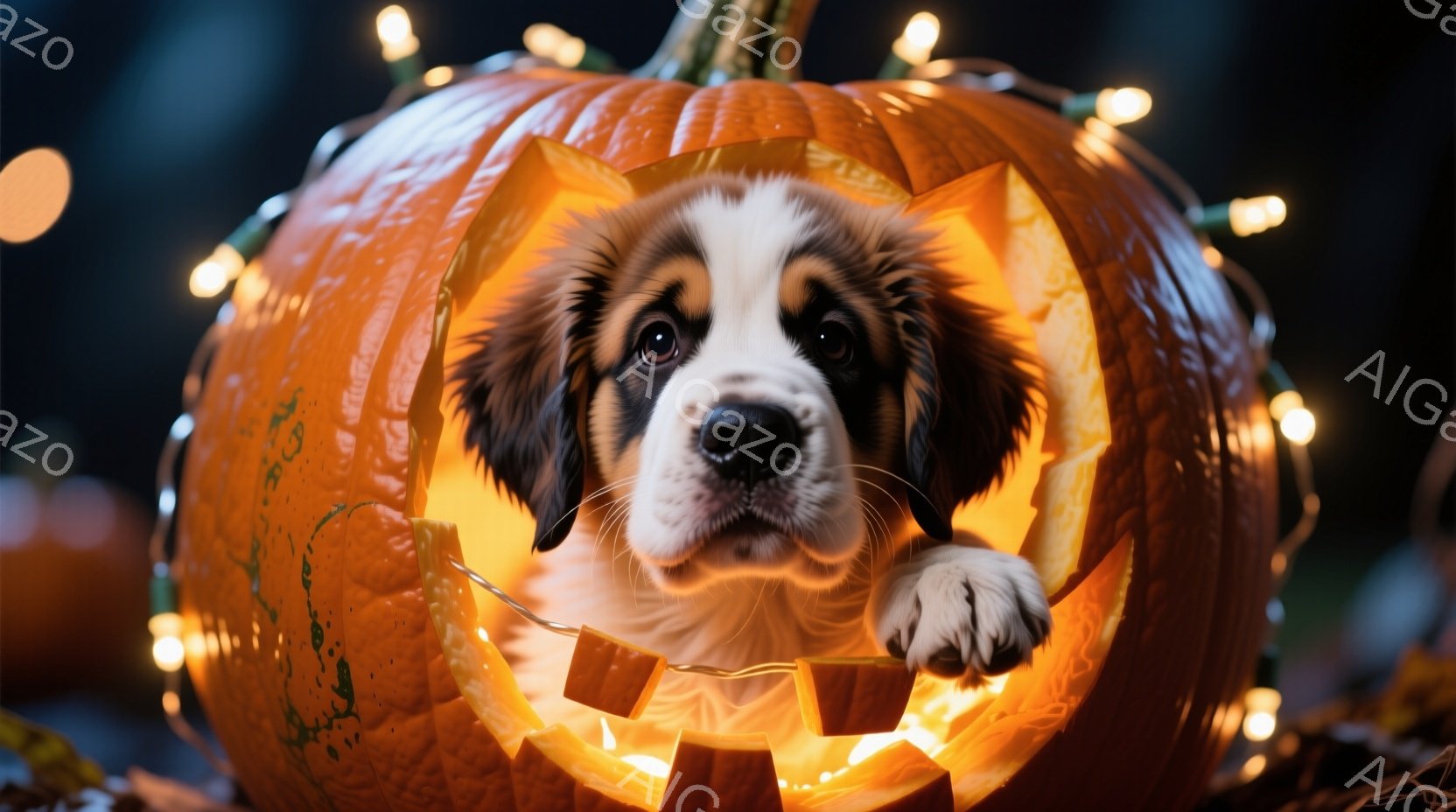 愛らしい子犬が、くり抜かれたハロウィンのカボチャの中に顔を出しています。子犬は茶色と白の毛並みで、好奇心と少しの戸惑いが混じった表情で正面を見ています。背景にはぼやけた光のストリングライトが散りばめら - AI生成フリー素材