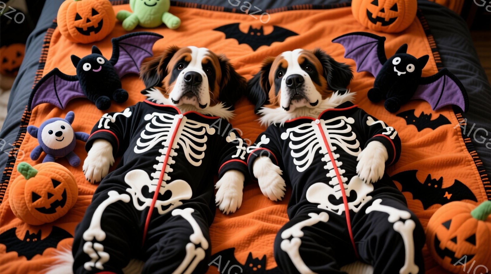 オレンジ色の背景に、骸骨のコスチュームを着た2匹の白い毛並みの犬が並んで横たわっています。犬たちはリラックスした表情で、可愛らしい姿を見せています。周りには、ハロウィンの飾りであるカボチャやコウモリの - AI生成フリー素材