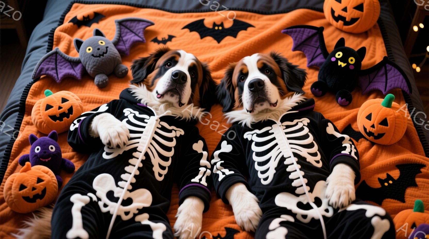 2匹の大型犬がハロウィーンをテーマにしたオレンジ色の毛布の上で、骸骨のコスチュームを着て横たわっています。犬たちはリラックスした表情で、まるで楽しんでいるかのようです。背景には、ハロウィーンの飾りであるカボチャやお化けのぬいぐるみがあり、全体的に遊び心のある、お祝いの雰囲気です。