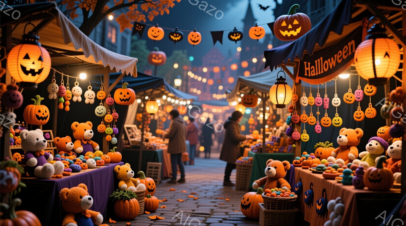 石畳の道に沿って、ハロウィンの市場が広がっており、カラフルなカボチャのぬいぐるみや飾り付けが並んでいる。遠くには人々が見え、建物や木々が暗い背景を形作り、ハロウィーンの夜の賑やかで幻想的な雰囲気を醸し - AI生成フリー素材