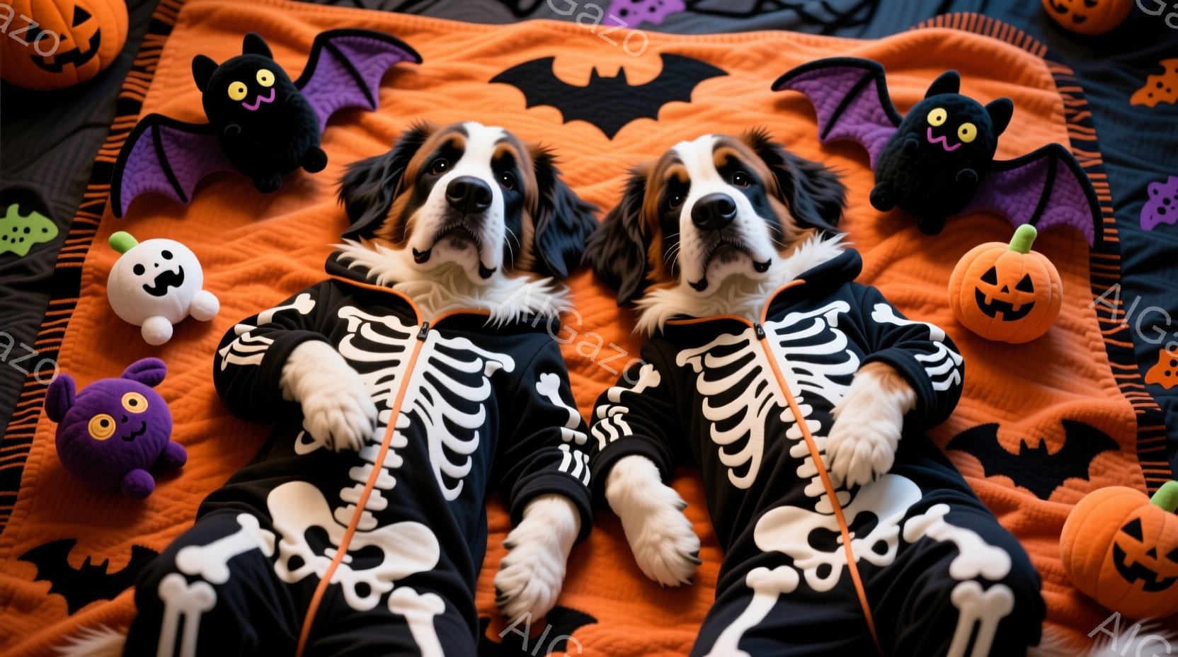 2匹の大型犬がハロウィーンをテーマにしたオレンジ色の背景に横たわっており、それぞれ骸骨柄のコスチュームを着ています。犬たちはリラックスした表情で、おもちゃの骸骨を前足で抱えています。背景には、黒いバットやジャック・オー・ランタンのぬいぐるみなど、ハロウィーンの装飾が散りばめられており、全体的に陽気で可愛らしい雰囲気です。