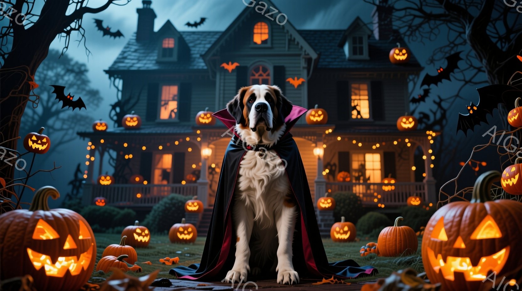 大きなセントバーナード犬が、ハロウィーンをテーマにした背景の前で、黒いマントと襟を付けて座っています。背景には、ジャック・オー・ランタンで飾られた、ライトアップされた不気味な家と、暗い空に舞うコウモリ - AI生成フリー素材