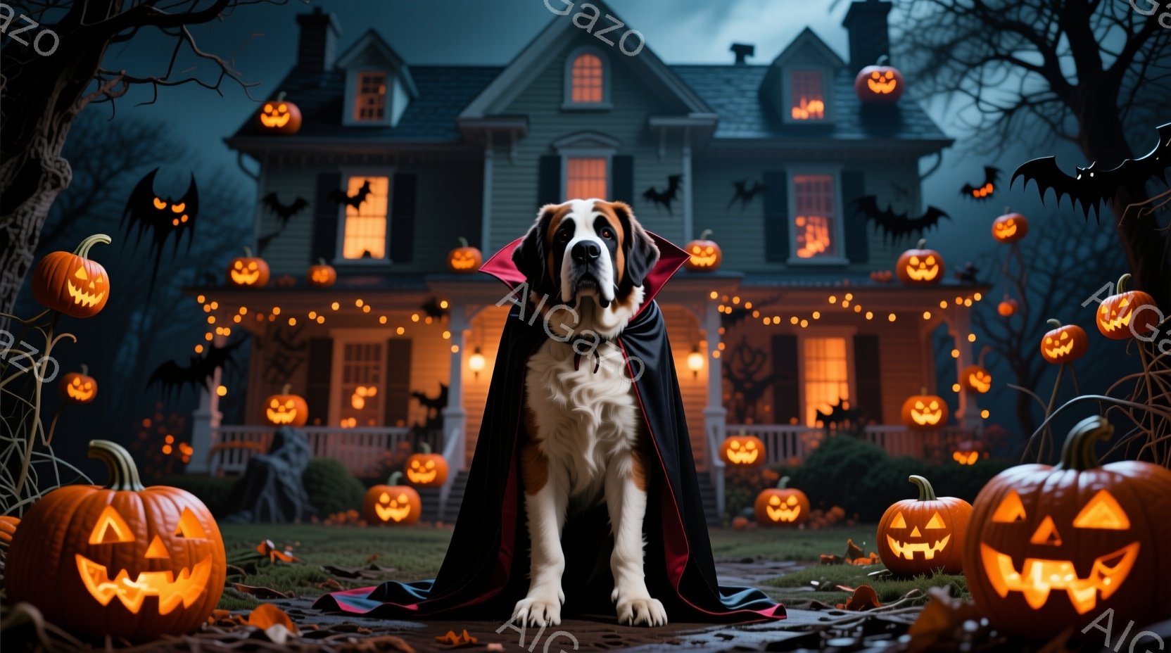 巨大なセント・バーナード犬が、ハロウィーンの夜に庭で黒いマントを羽織って座っています。背景には、ジャック・オー・ランタンで飾られた二階建ての家と、夜空に舞うコウモリが描かれており、不気味でありながらも温かい雰囲気を醸し出しています。庭にはたくさんのカボチャが置かれ、ハロウィーンの装飾が施されています。