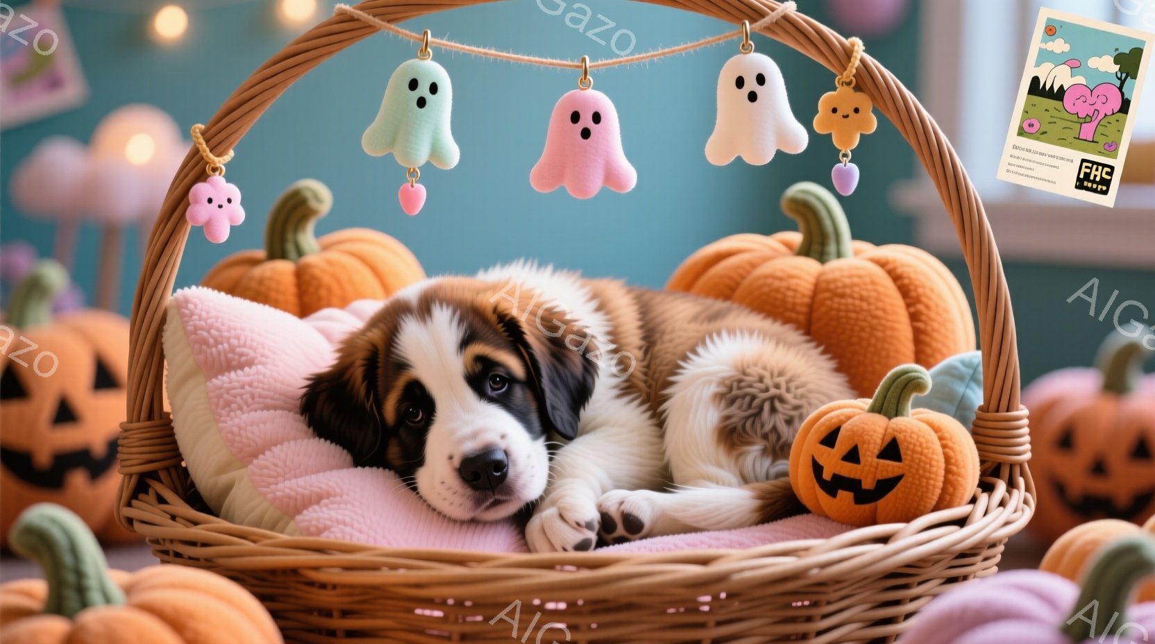 籐で編まれたバスケットの中に、セント・バーナードの子犬が丸まって眠っています。背景には、ハロウィーンをテーマにしたカボチャの飾りや、幽霊のオーナメントが飾られたガーランドがあり、暖かく、お祝いムードの - AI生成フリー素材