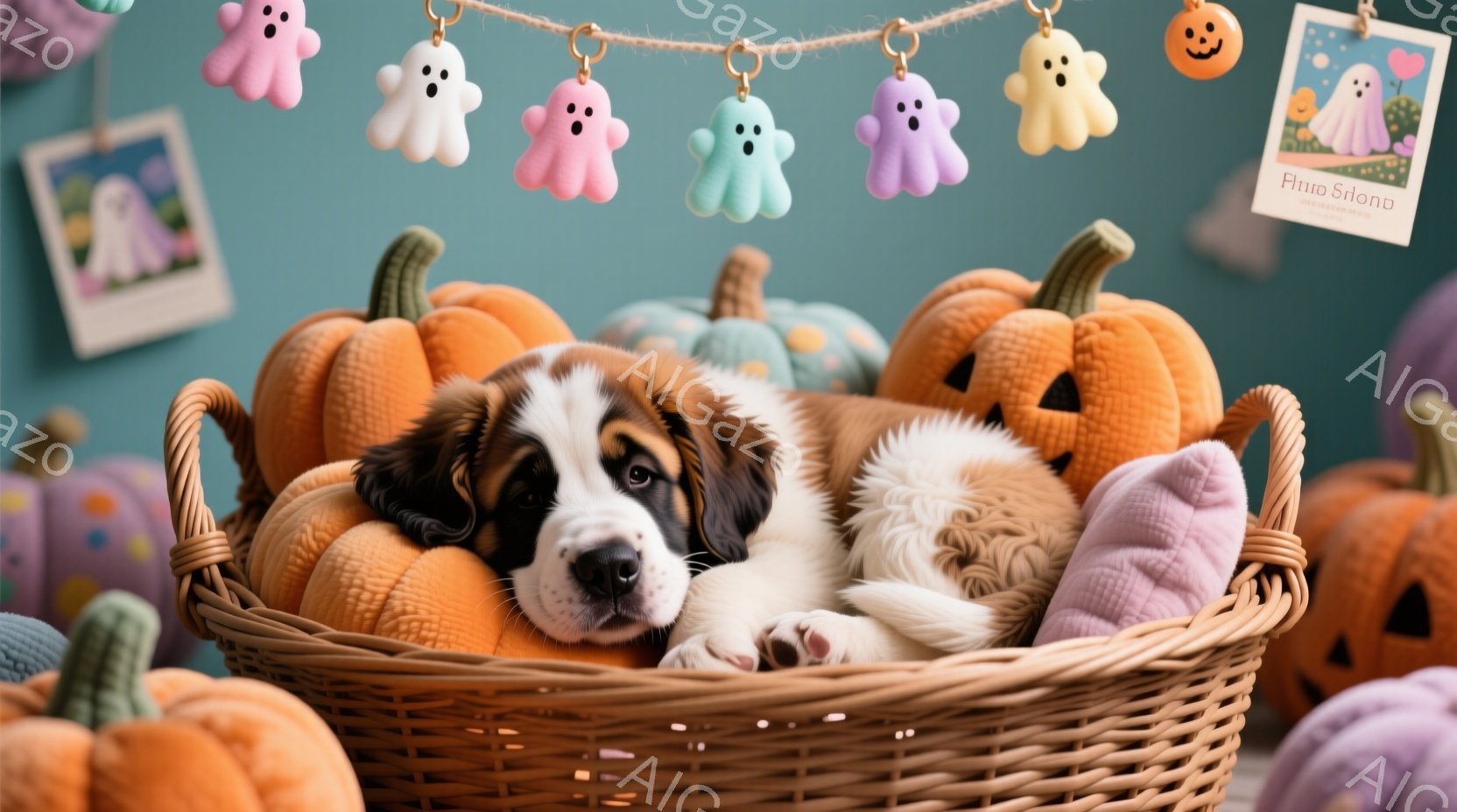 かぼちゃとゴーストの飾りで飾られた背景に、ウィッカー製のバスケットにセント・バーナードの子犬が丸まって眠っています。子犬は茶色と白の毛並みで、リラックスした表情をしています。全体的にハロウィーンの温かく、お祝いの雰囲気が漂っています。