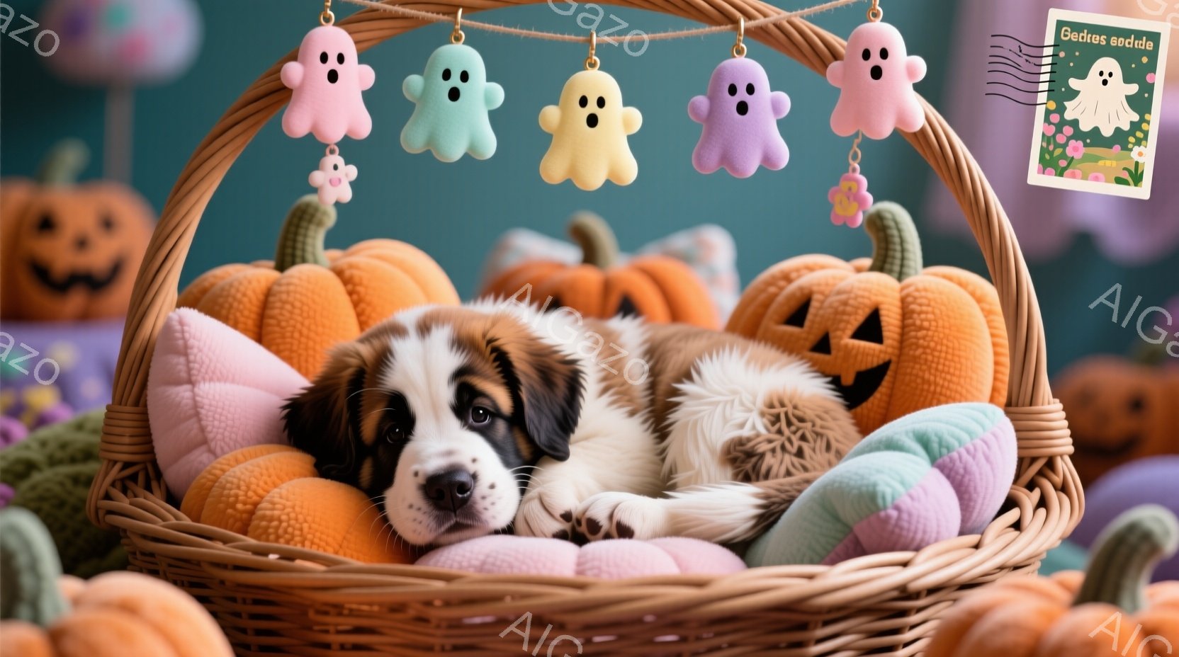 明るいオレンジ色の籠の中に、セント・バーナードの子犬が丸まって眠っています。籠の内側は、紫とオレンジのフリルのクッションで覆われており、ハロウィーンの飾り付けが背景に配置され、可愛らしいお化けのガーランドが籠の上空を飾っています。全体的に温かく、愛らしい雰囲気で、秋のハロウィーンの装飾が秋の暖かさを強調しています。