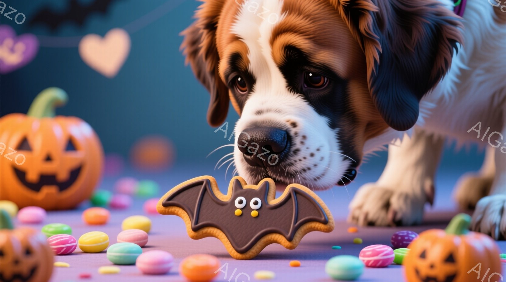 白と茶色の毛並みを持つ、大きな犬が、ハロウィーンをテーマにしたお菓子、コウモリのクッキーに近づいています。背景には、カラフルなキャンディー、ジャック・オ・ランタン、そしてハートとコウモリの飾り付けが散 - AI生成フリー素材
