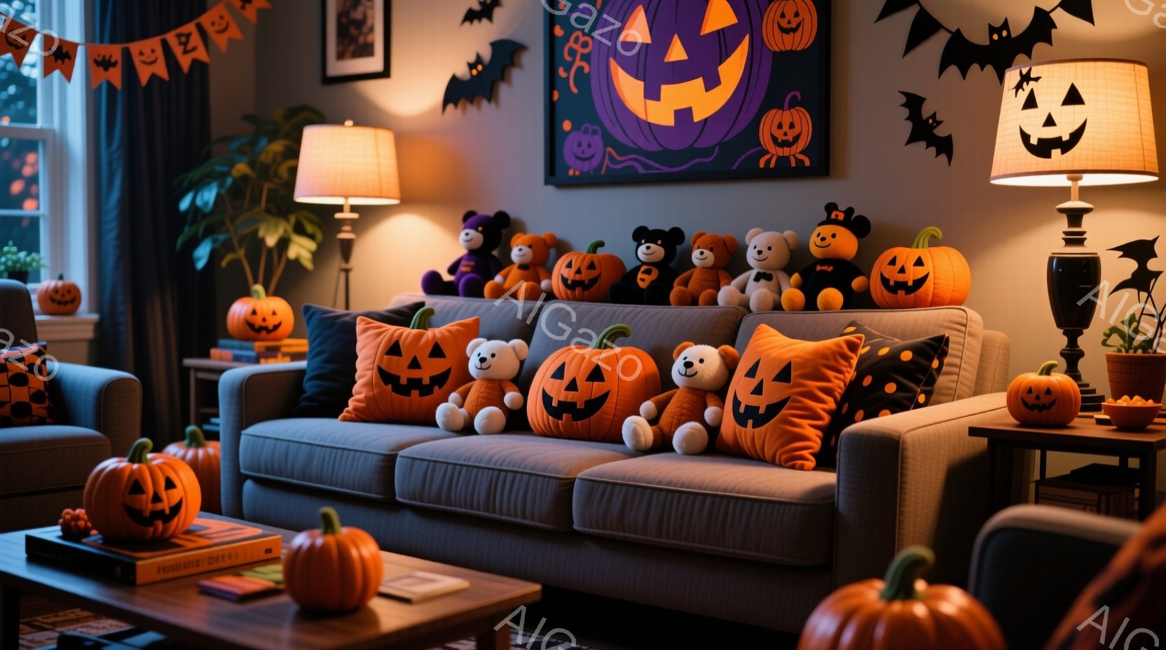 ハロウィーンの装飾が施されたリビングルームで、オレンジ色のジャック・オ・ランタンのクッションやぬいぐるみでソファが埋め尽くされています。部屋は暖かく、オレンジと紫の色調で彩られ、ハロウィーンの楽しい雰囲気を醸し出しています。コーヒーテーブルの上や床にもカボチャが置かれ、秋の夜長にぴったりの、心地よい空間が演出されています。