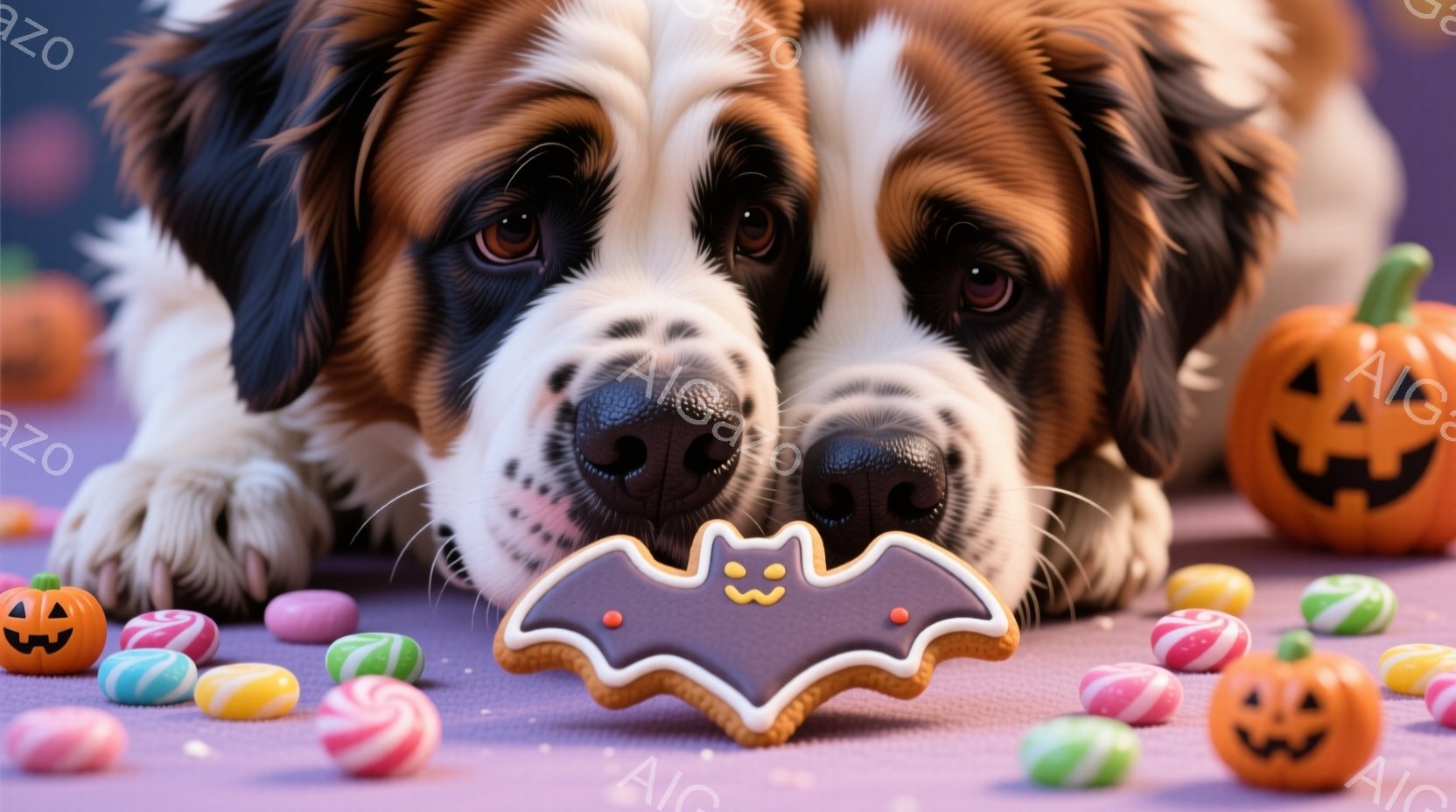 白と茶色のセントバーナード犬が紫色の背景に横たわり、目の前にコウモリの形をしたクッキーが置かれています。犬は優しい表情でカメラを見つめ、周囲にはハロウィーンのキャンディーとジャックオーランタンが散りば - AI生成フリー素材