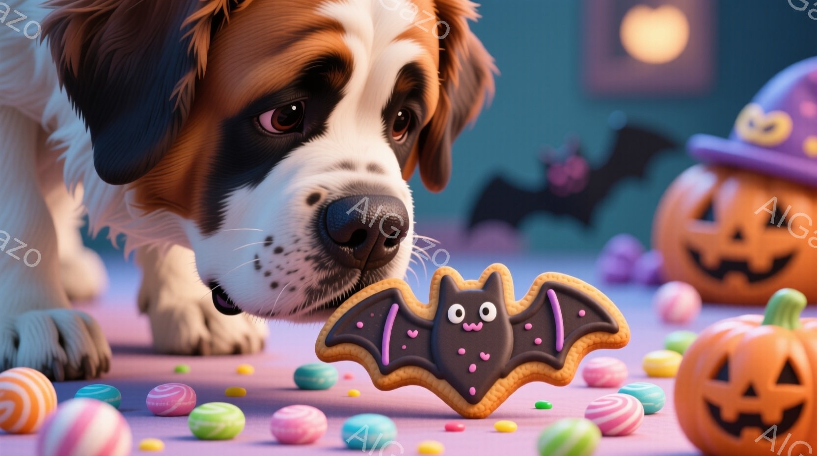 鮮やかなハロウィーンの背景に、大きな犬がバット型のクッキーに興味津々で鼻を近づけています。紫色の床にはカラフルなキャンディーが散らばり、背景にはジャック・オー・ランタンとコウモリが描かれ、お祝いムード - AI生成フリー素材