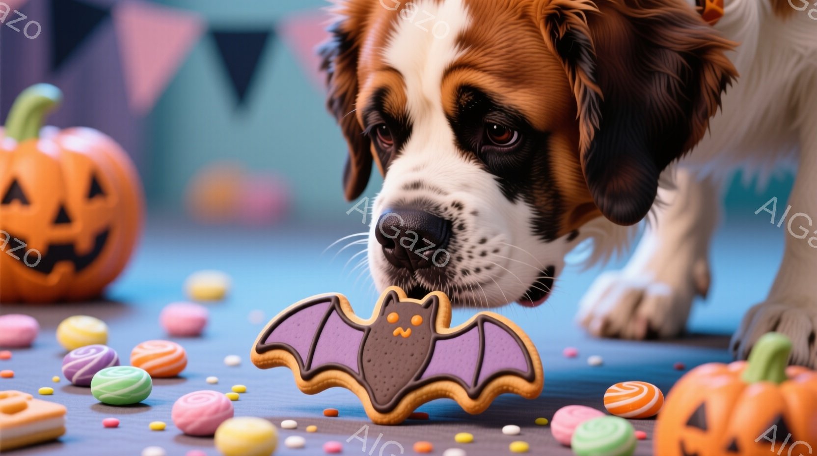 ハロウィーンをテーマにした画像で、大きな犬がバット型のクッキーに近づいています。背景にはカラフルなキャンディーやハロウィーンの装飾が散りばめられており、オレンジ色のカボチャも確認できます。全体的に明る - AI生成フリー素材