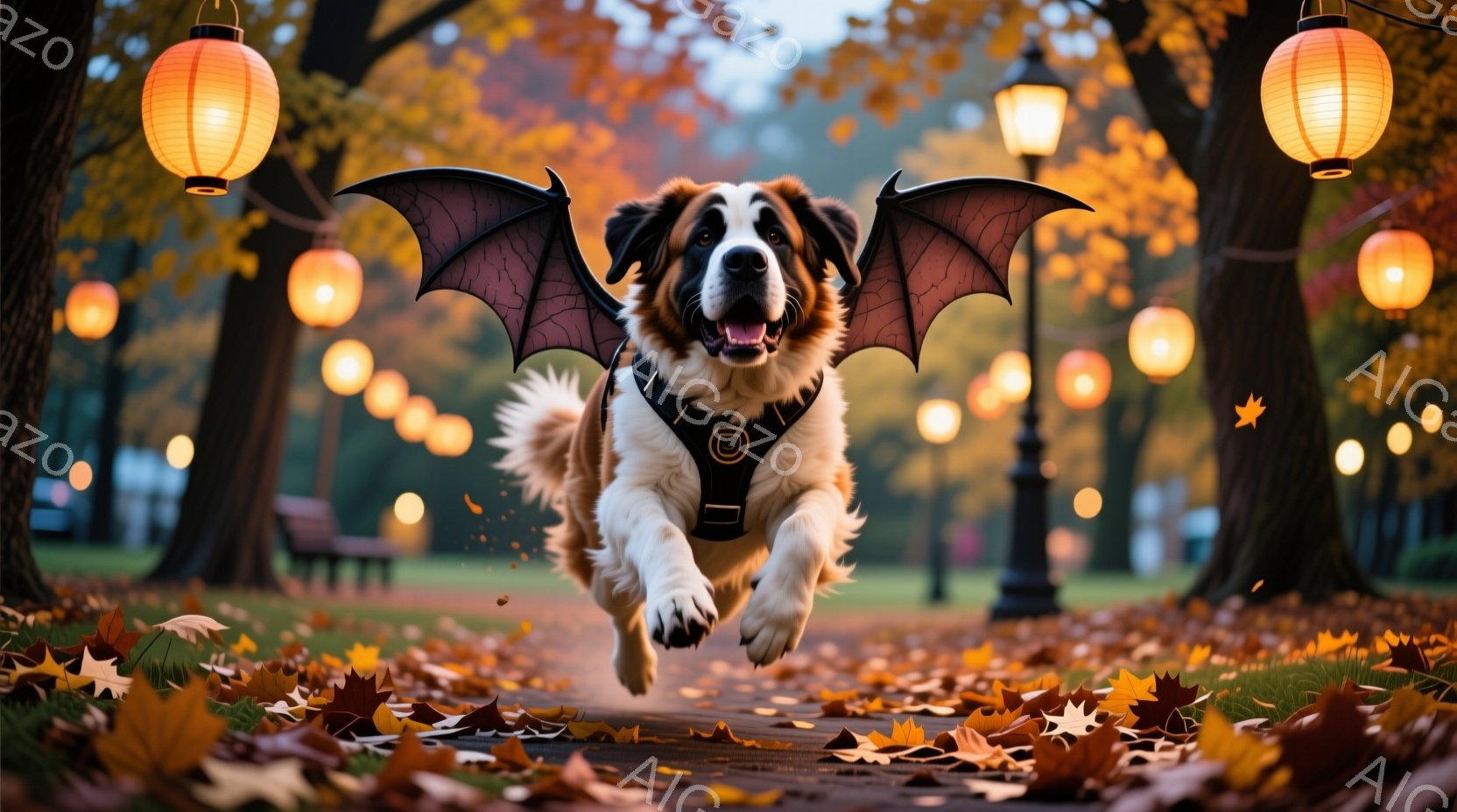 大きな犬が、翼が生えたように見えて、公園の小道の上を勢いよく走っている。背景には、落ち葉が敷き詰められた道、ベンチ、そしてオレンジ色の光を放つ提灯が並び、秋の暖かい雰囲気を感じさせる。犬は嬉しそうで、躍動感に満ちた姿が印象的だ。