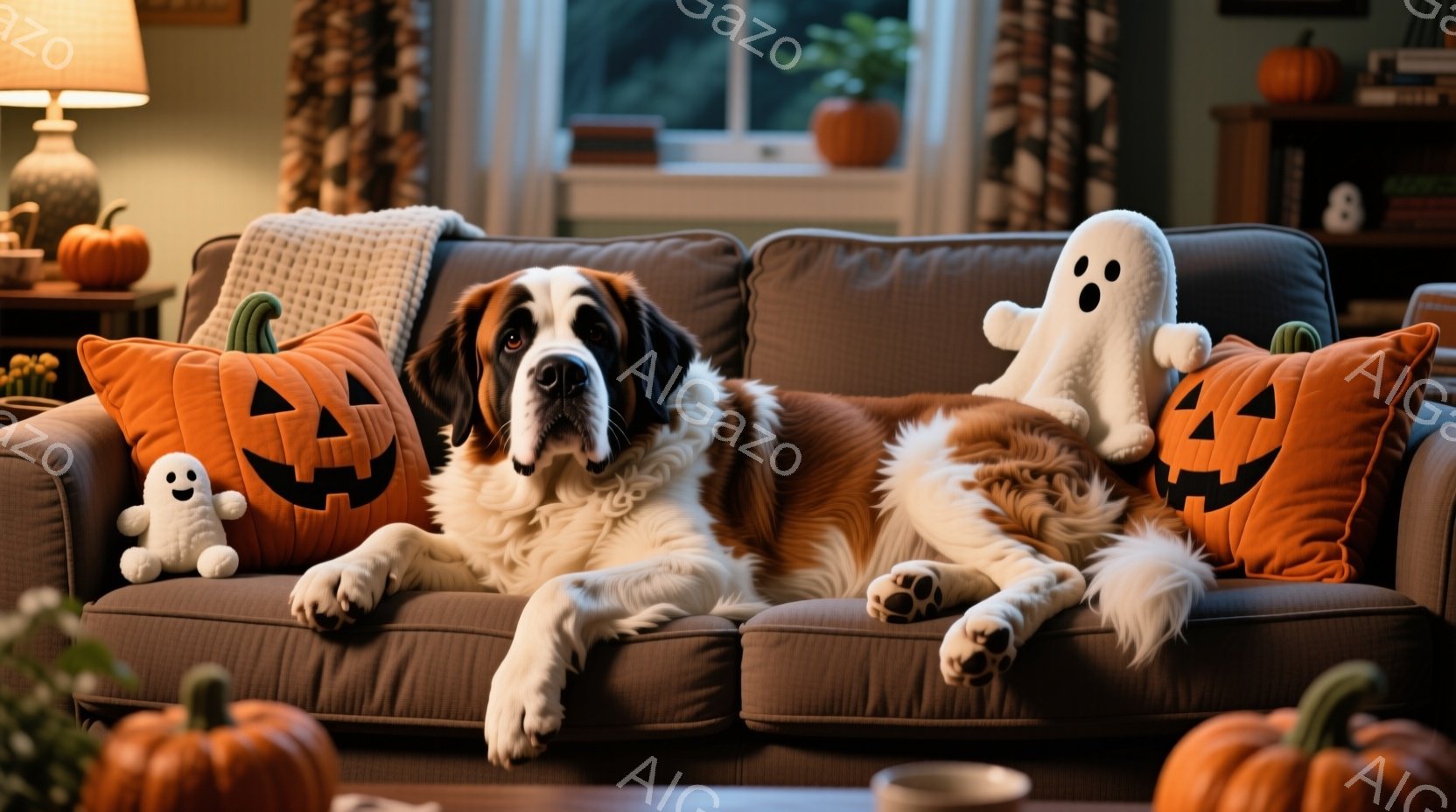 ソファの上で大きなセント・バーナード犬がリラックスして横たわっています。ハロウィーンを意識したカボチャと幽霊のクッションに囲まれ、穏やかな表情でこちらを見ています。背景には、ハロウィーンの装飾が施され - AI生成フリー素材