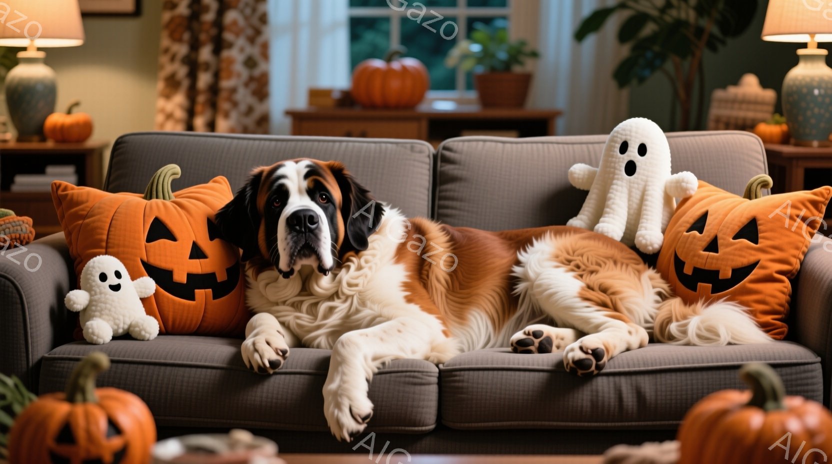 大きなセント・バーナード犬が、ハロウィーンのテーマのオレンジ色のカボチャのクッションと白い幽霊のぬいぐるみで飾られたグレーのソファに横たわっています。犬はリラックスした表情で、カメラの方を見ており、周 - AI生成フリー素材