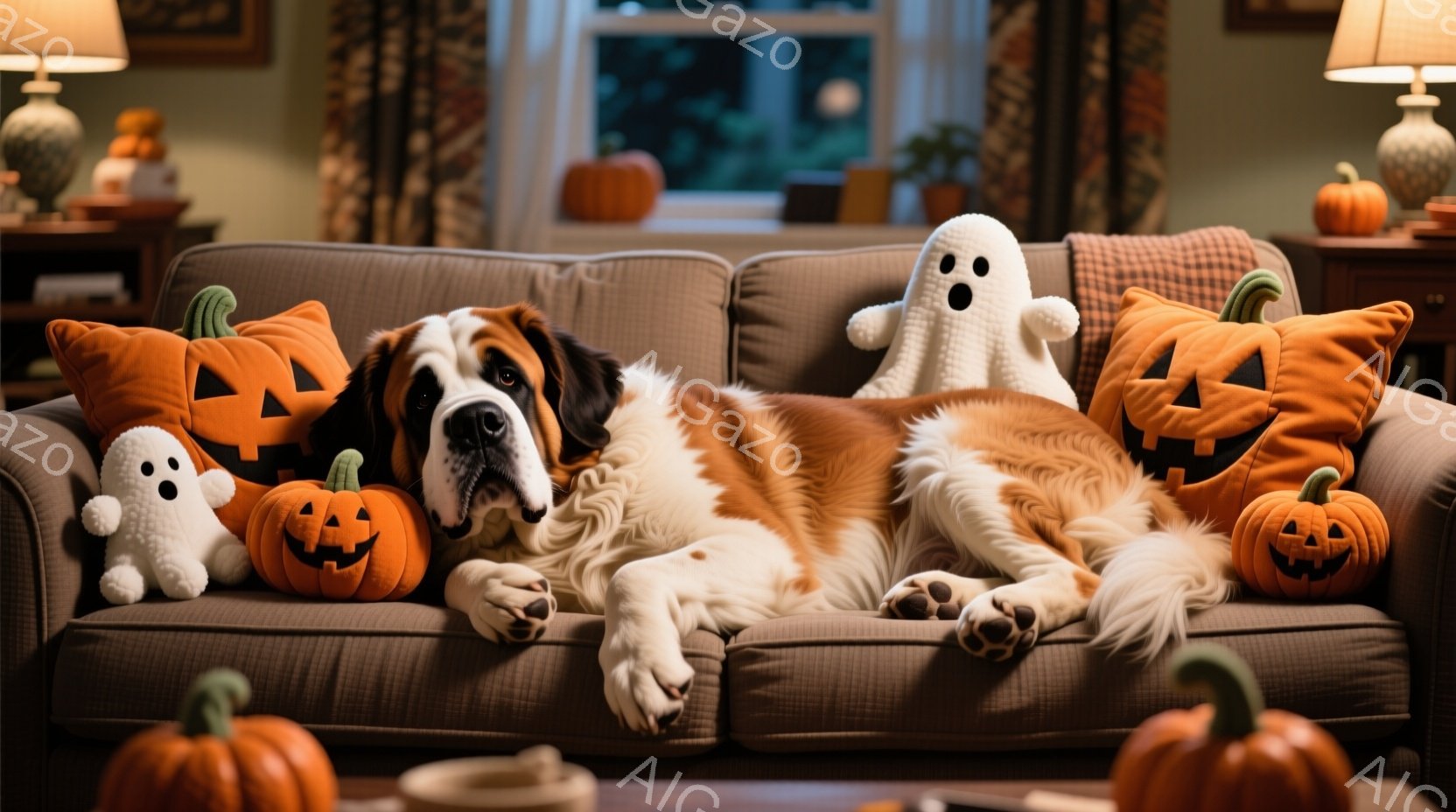 ソファに横たわる大きな犬が写っています。周りにはハロウィーンの装飾であるカボチャと幽霊のぬいぐるみがあり、ハロウィーンの雰囲気を醸し出しています。背景には、オレンジ色のカボチャが置かれたテーブルや窓が - AI生成フリー素材