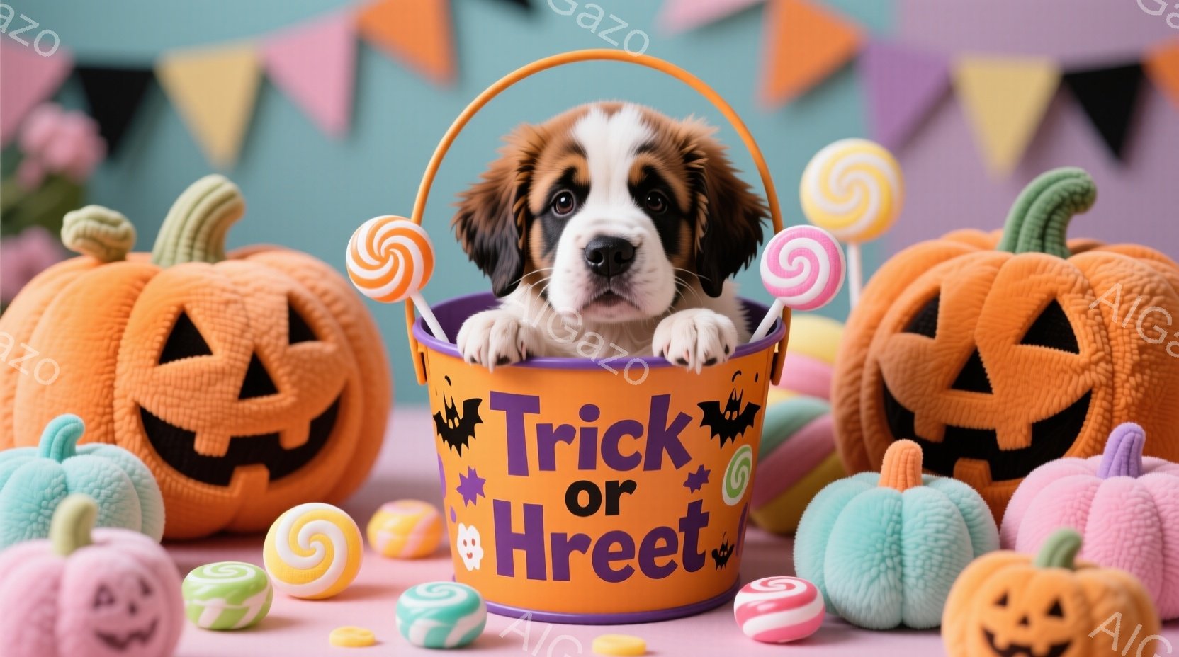 ハロウィーンの装飾に囲まれたセント・バーナードの子犬が描かれています。子犬は「Trick or Treat」と書かれたオレンジ色のバケツの中に座り、可愛らしい表情をしています。背景には、ジャック・オー・ランタンやキャンディー、カラフルな旗があり、お祝いムードに満ちた雰囲気です。