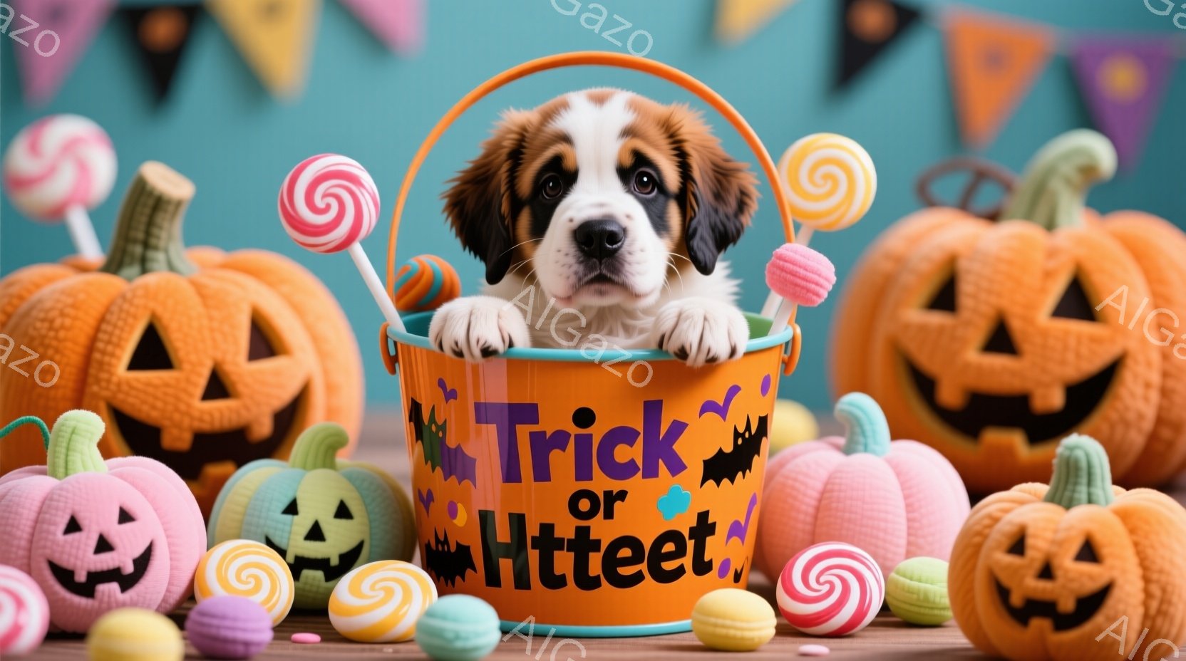 オレンジ色の「トリック・オア・トリート」と書かれたバケツの中に、愛らしいセントバーナードの子犬が顔を出しています。バケツの周りには、ハロウィーンのテーマであるカボチャのランタン、マカロン、キャンディーが散りばめられています。明るくカラフルな背景は、ハロウィーンの陽気で楽しい雰囲気を醸し出しています。