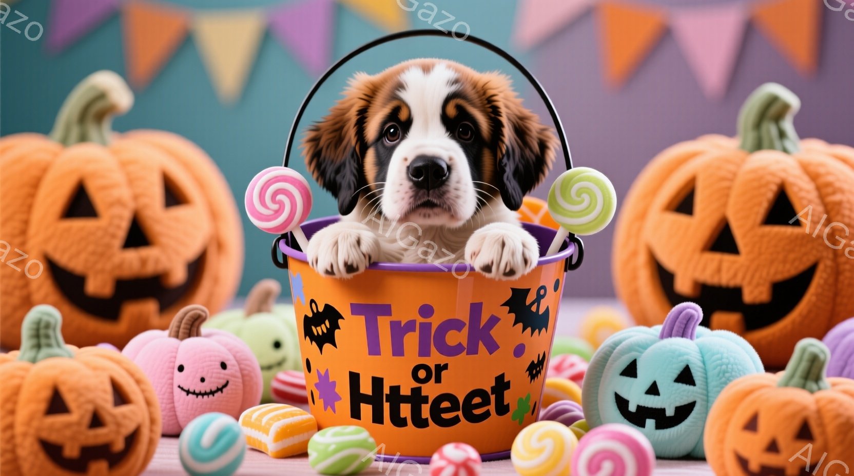 オレンジ色の「トリック・オア・トリート」と書かれたバケツの中に、ふわふわのセント・バーナードの子犬が可愛らしく座っています。周りには、様々な色のハロウィーンのパンプキンやキャンディーが散りばめられ、お祝いの雰囲気が漂っています。明るくカラフルな色彩と子犬の愛らしい表情が、温かさと楽しさを感じさせます。