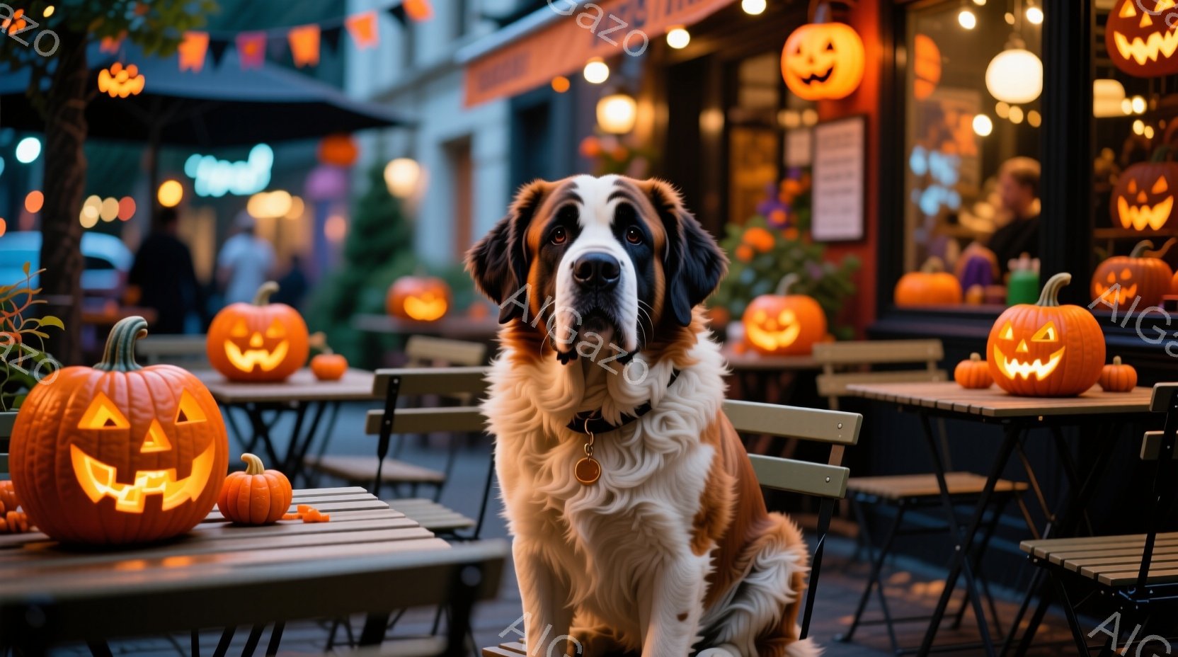 大きなセントバーナード犬が屋外カフェのテーブルに座り、カメラの方を見ています。周りにはハロウィーンの装飾である様々な大きさのジャック・オ・ランタンが置かれ、背景には暖かく光るカフェの窓とぼんやりとした - AI生成フリー素材