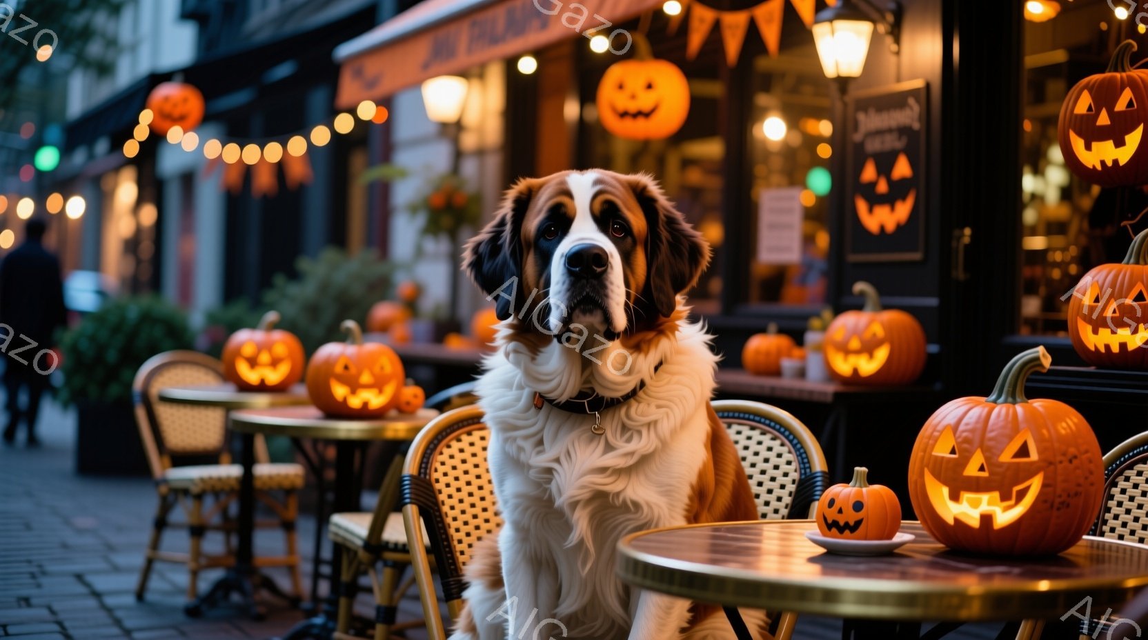 大きなセント・バーナード犬が、ハロウィンの飾り付けがされたカフェの屋外席に座っている。犬は首輪を付けており、少し真剣な表情でカメラを見つめている。背景には、ジャック・オ・ランタンが飾られたカフェや、ぼ - AI生成フリー素材