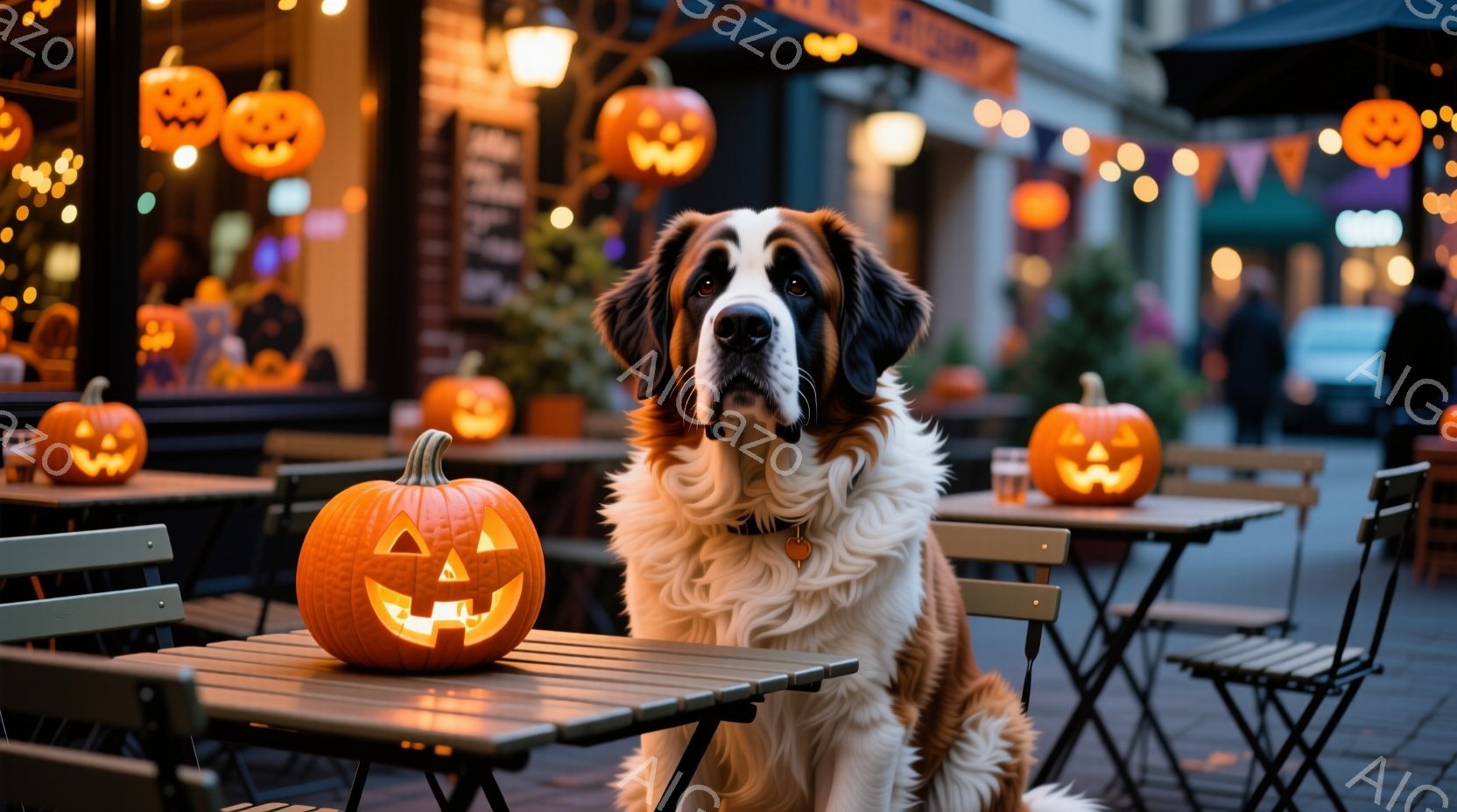 大きなセント・バーナード犬が、ハロウィーンの飾り付けがされたカフェのテーブル席に座っています。オレンジ色のジャック・オー・ランタンがテーブルや周囲に配置され、背景にはぼんやりと人影が見え、ハロウィーン - AI生成フリー素材