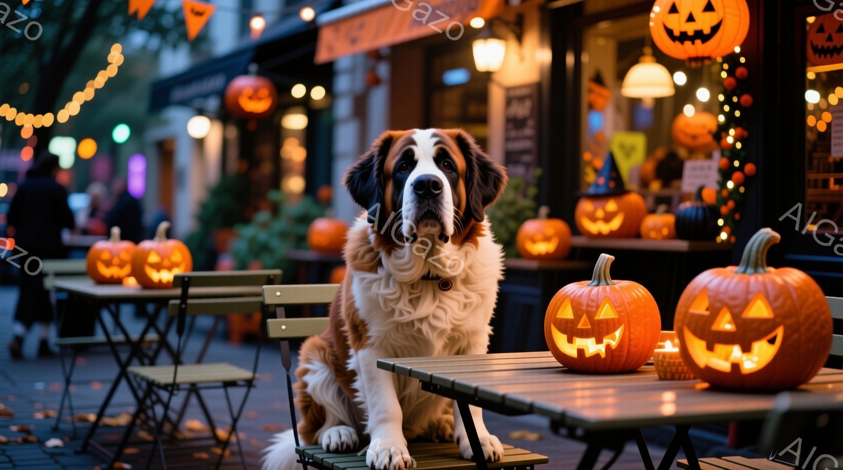 大きなセントバーナード犬が、ハロウィーンの飾り付けがされたカフェの屋外席に座っています。周囲にはジャック・オー・ランタンが置かれ、カフェの窓にはオレンジ色のライトが点滅し、秋の夜の暖かい雰囲気を醸し出 - AI生成フリー素材