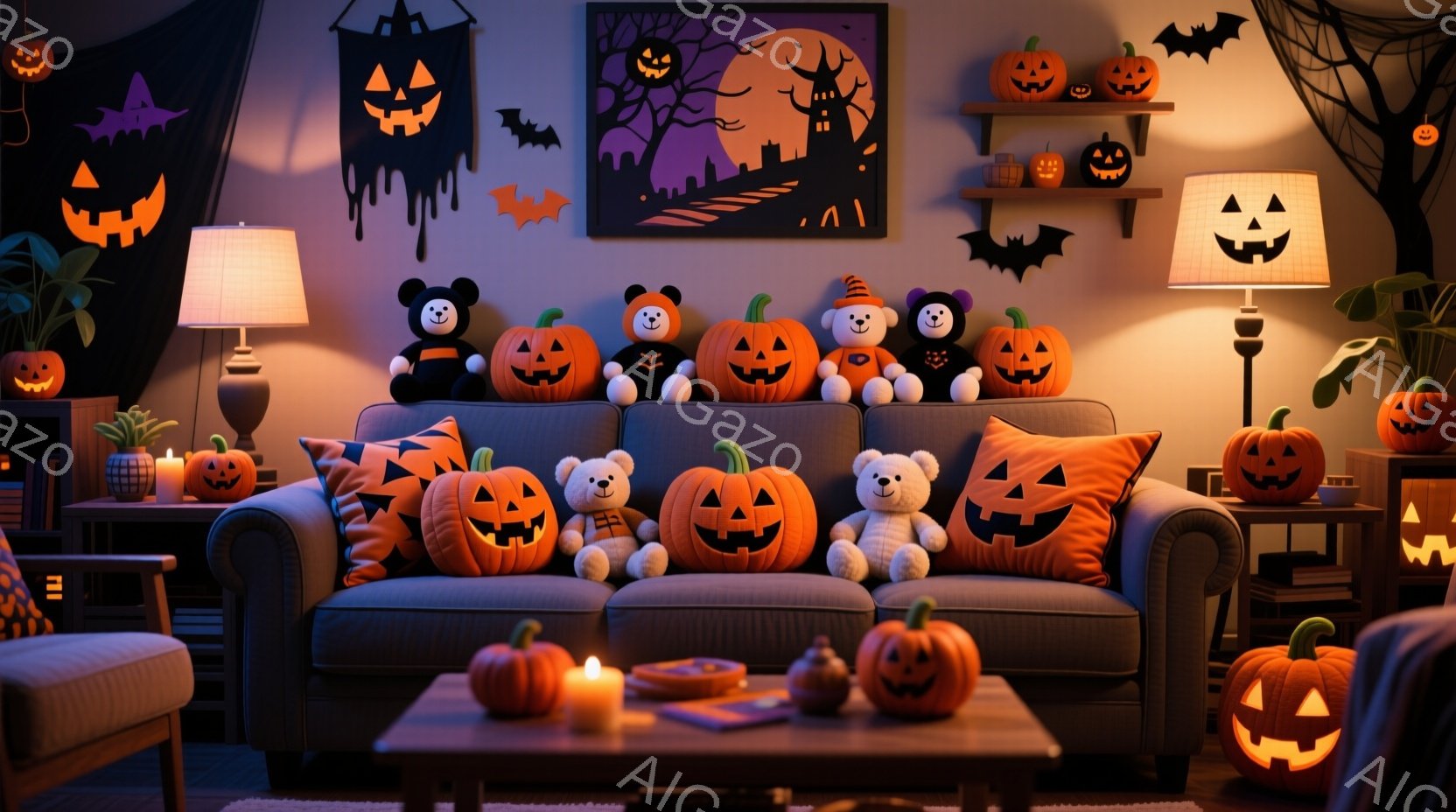 暖炉とハロウィーンの装飾が施された居間には、カボチャをテーマにしたぬいぐるみやクッションが並べられた灰色のソファがあります。壁にはハロウィーンを象徴するお城と木々のシルエットが描かれた絵が飾られ、壁掛 - AI生成フリー素材