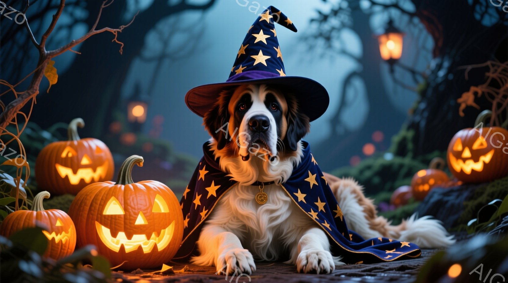 大きな白い犬が、星柄の青いマントと先のとがった黒い帽子を身につけて、ハロウィーンの雰囲気の中で横たわっています。周囲には様々な大きさのジャック・オ・ランタンが置かれ、薄暗い森の中、暖かい光を放っています。全体的に、趣のあるハロウィーンの夜を表現した、幻想的で魅力的な雰囲気です。