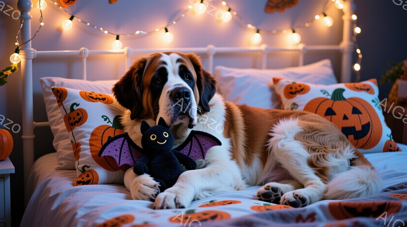 大きなセント・バーナード犬が、ハロウィーン柄のベッドに横たわっています。その隣には、小さな黒いコウモリのぬいぐるみがあり、犬はリラックスした表情で、穏やかな雰囲気です。背景には、オレンジ色の光が灯るハロウィーンの装飾があり、秋の暖かく居心地の良い雰囲気を醸し出しています。