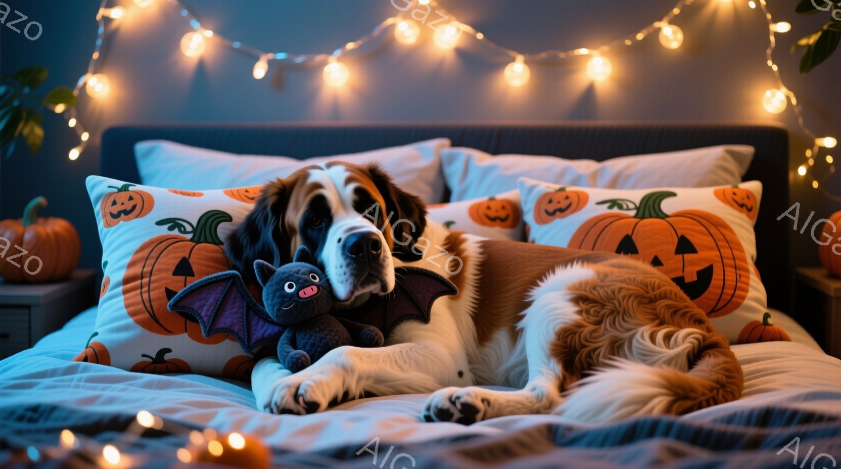 大きな白い犬が、ハロウィーンをテーマにしたカボチャ柄の枕が並んだベッドで横たわっています。その隣には、小さな黒いコウモリのぬいぐるみがあり、犬はリラックスした表情で穏やかな時間を過ごしているようです。 - AI生成フリー素材