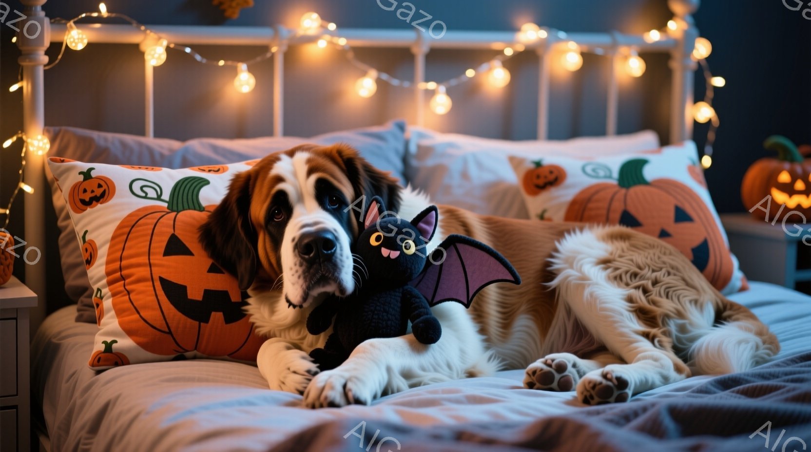 大きなセントバーナード犬が、ハロウィーンをテーマにしたカボチャ柄のクッションとベッドに横たわっています。 黒いコウモリのぬいぐるみが犬のそばに置かれ、穏やかな表情でカメラを見つめています。 ベッドの背景にはハロウィーンの飾り付けが施され、暖かく幻想的な雰囲気を醸し出しています。