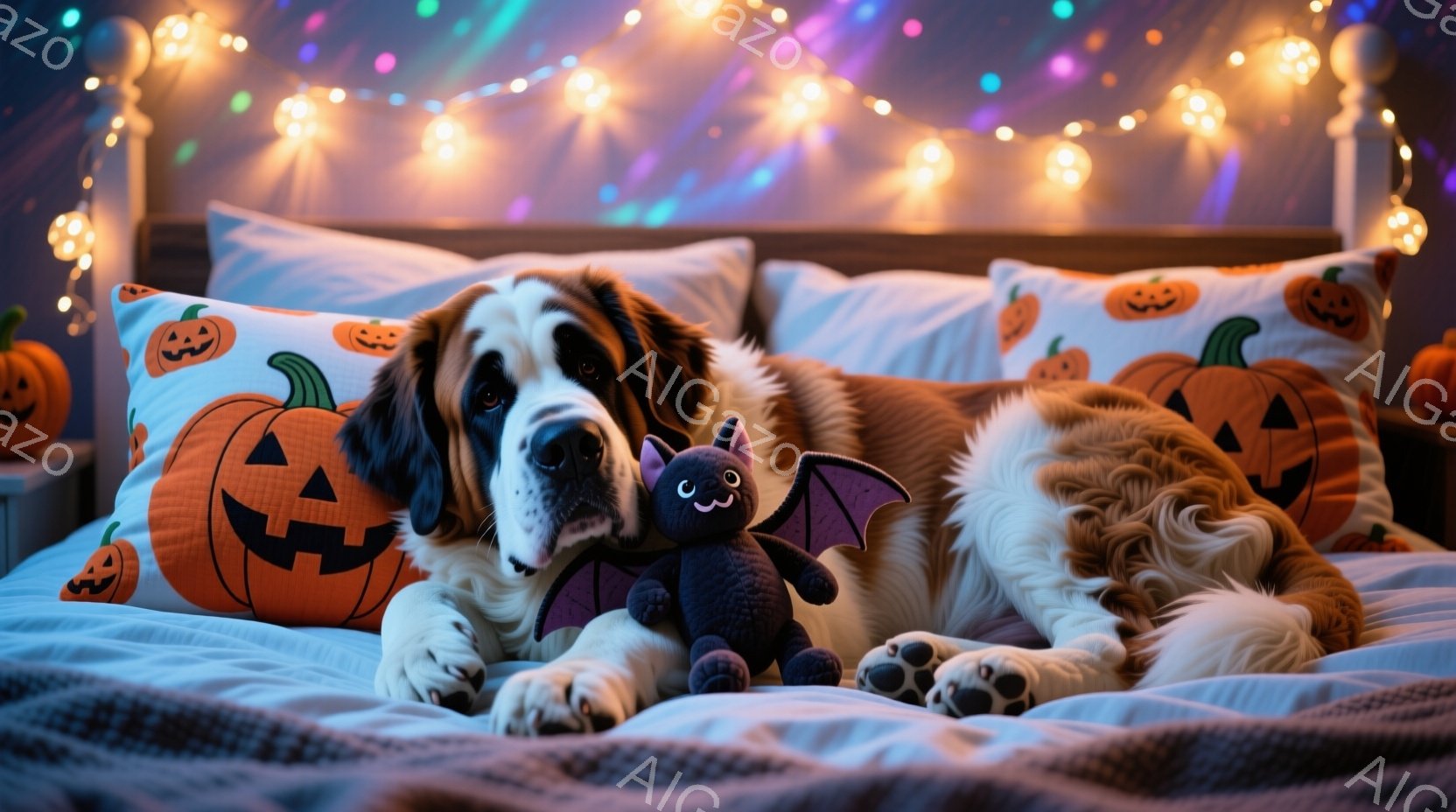 大きなセント・バーナード犬がベッドに横たわり、黒いコウモリのぬいぐるみを抱いています。背景にはハロウィーンの装飾が施された枕やカボチャが置かれ、カラフルな電飾が部屋全体を温かい光で満たしています。穏やかでリラックスした雰囲気で、犬は満足げな表情で眠っているように見えます。