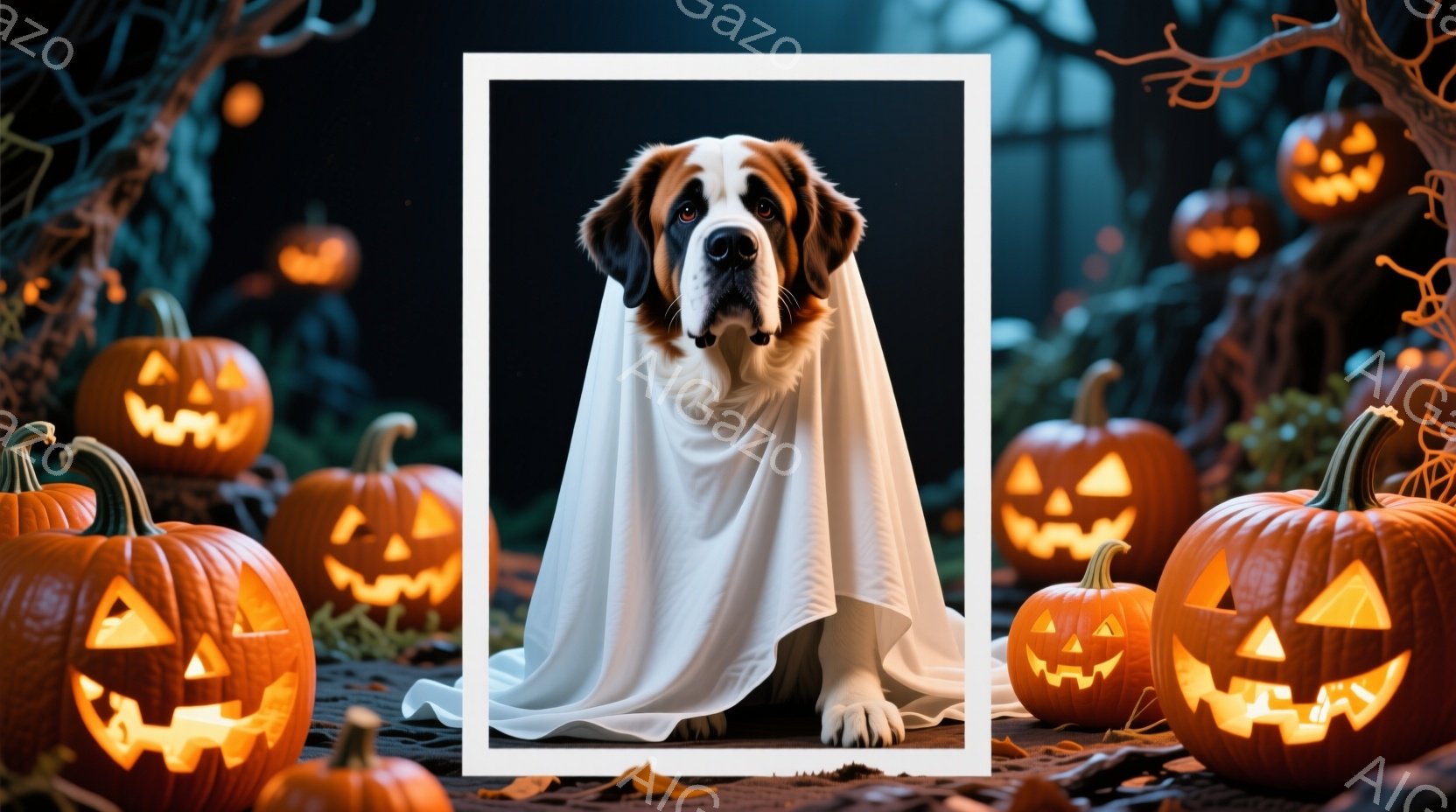 大きなセント・バーナード犬が白い幽霊の衣装をまとい、正面をまっすぐ見つめている。背景には、さまざまな大きさのジャック・オー・ランタンが並び、暗い森と不気味な屋敷がぼんやりと見える。 全体的にハロウィーンらしい、少し不気味で遊び心のある雰囲気である。