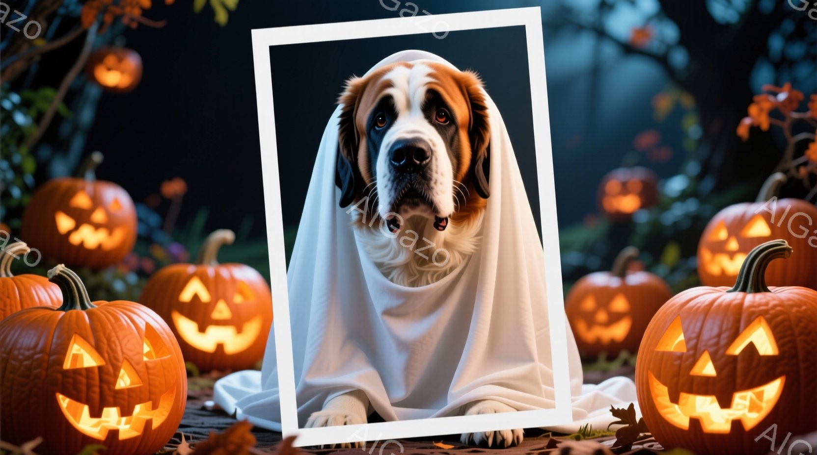 白い背景に、大きなセント・バーナード犬が幽霊のような白い布をまいて座っています。ハロウィーンのパンプキンが犬の周りを囲み、秋の落ち葉が地面に散らばっています。全体的に、暖かくユーモラスでハロウィーンらしい雰囲気です。