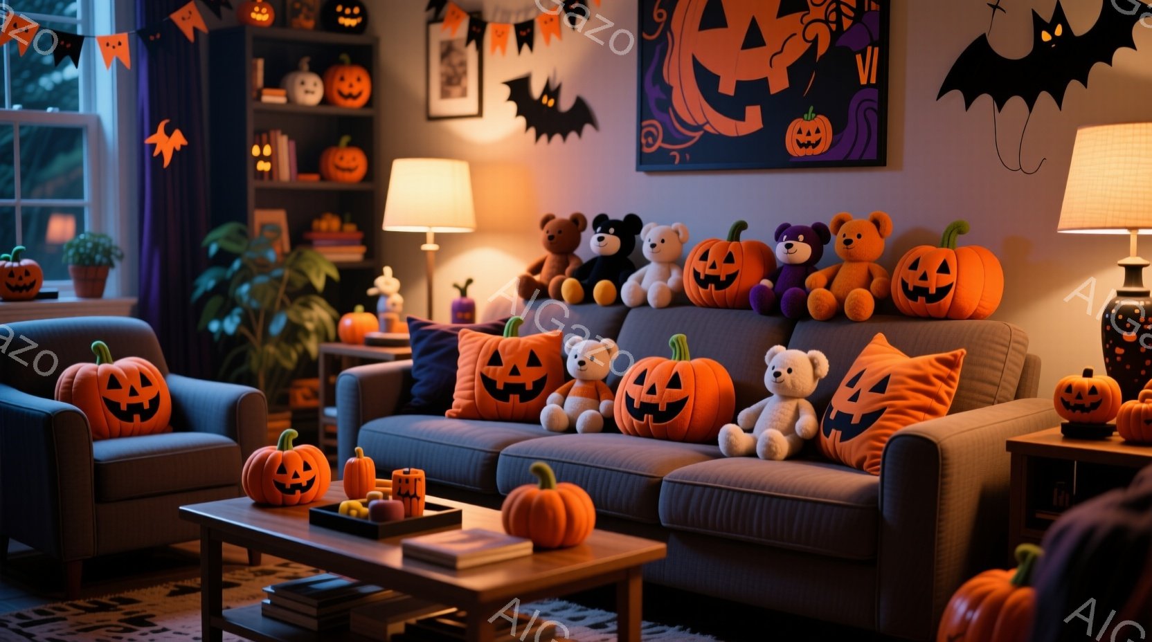 ハロウィーンの飾り付けがされた居間には、オレンジ色のカボチャのクッションやぬいぐるみ、ランタンが置かれた灰色のソファーがあります。窓の外は暗く、ハロウィーンの飾り付けが施された夜空がうかがえます。全体 - AI生成フリー素材