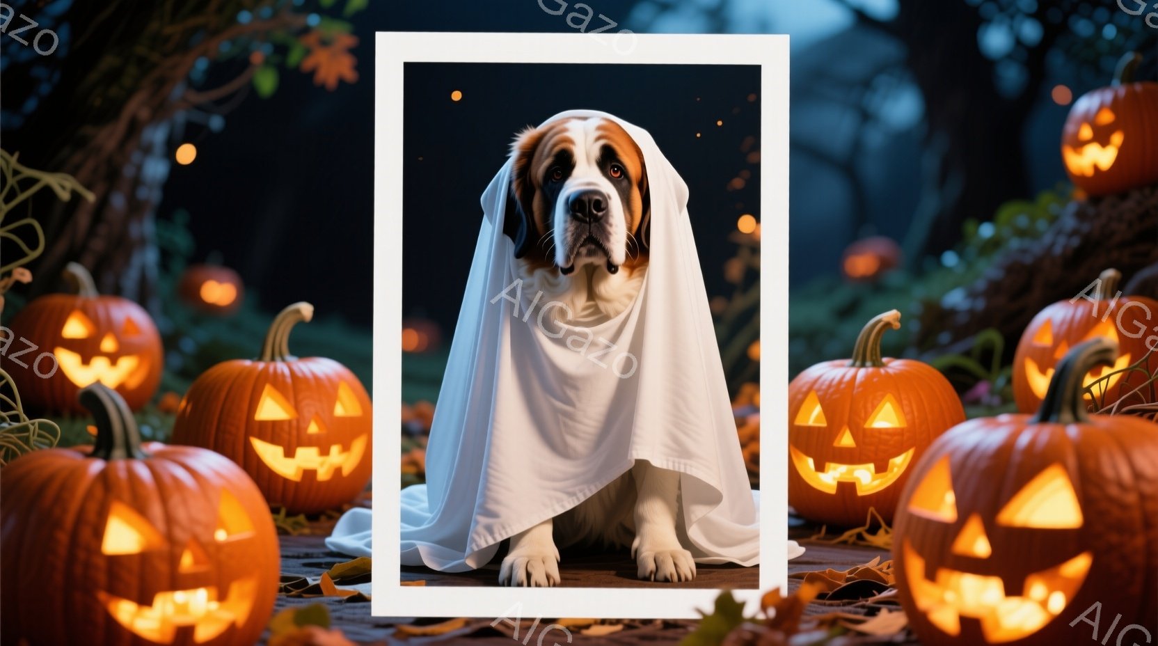 大きな白い毛布を羽織ったセントバーナード犬が、ハロウィンのカボチャに囲まれて座っています。犬は正面を見ており、表情は穏やかで、少しユーモラスです。背景は暗く、カボチャの光がぼんやりと照らし、落ち葉が散 - AI生成フリー素材