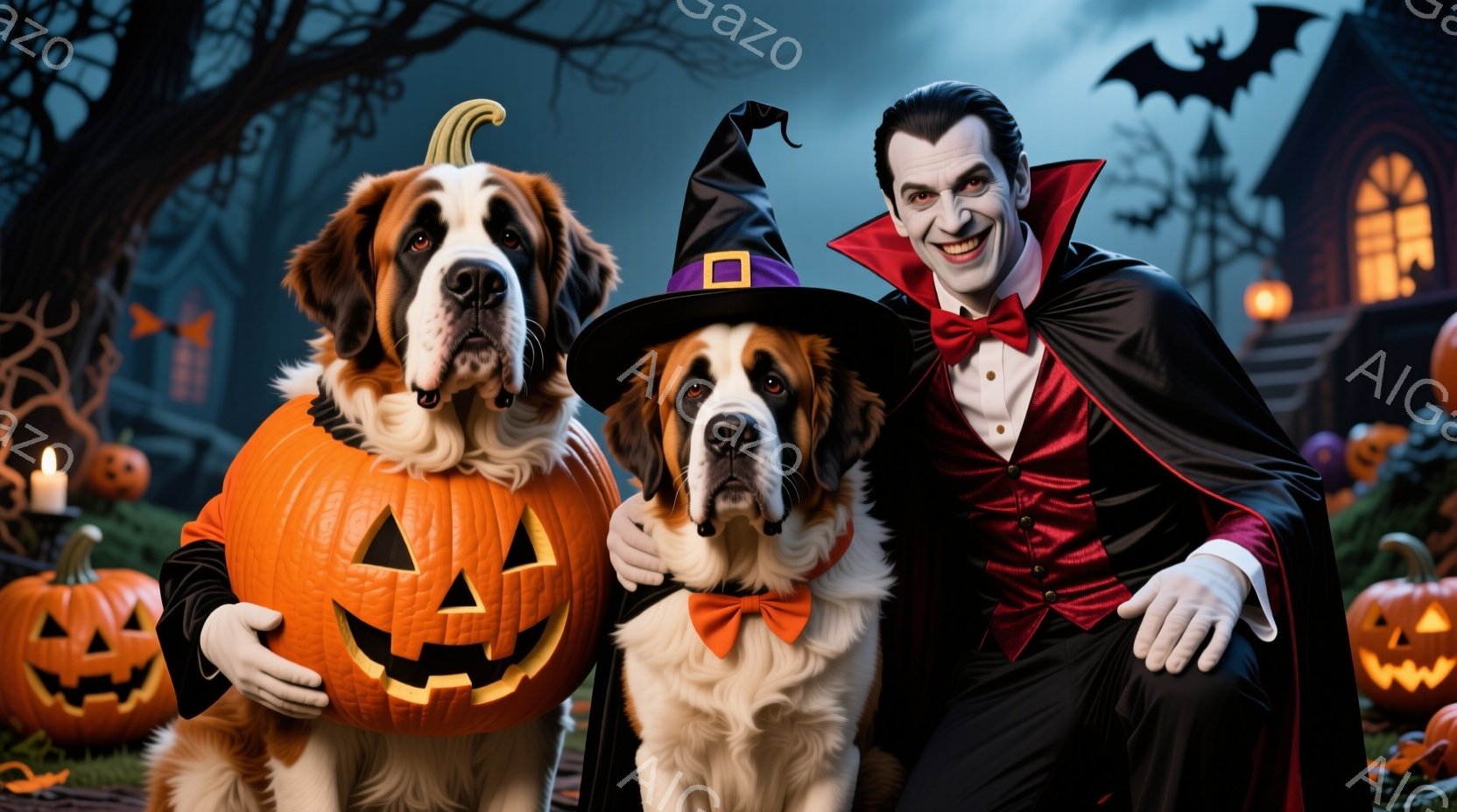 ハロウィーンをテーマにした写真で、一匹の犬がカボチャのコスチュームを着て、もう一匹の犬が魔女の帽子とリボンをつけています。背景には、不気味な屋敷と暗い森が見え、カボチャやお化け屋敷の装飾が雰囲気を盛り - AI生成フリー素材