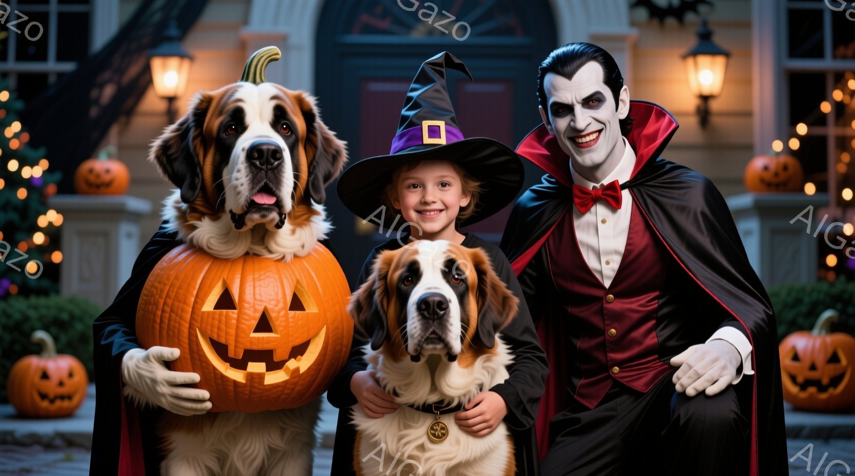 ハロウィーンをテーマにした写真で、大きなセント・バーナード犬がカボチャの衣装を着て、小さな女の子と吸血鬼の衣装を着た男性に挟まれています。女の子は黒い魔女帽子をかぶり、笑顔を浮かべています。背景には、ハロウィーンの装飾が施された家と、いくつかのカボチャのランタンがあり、全体的に陽気で楽しい雰囲気が漂っています。