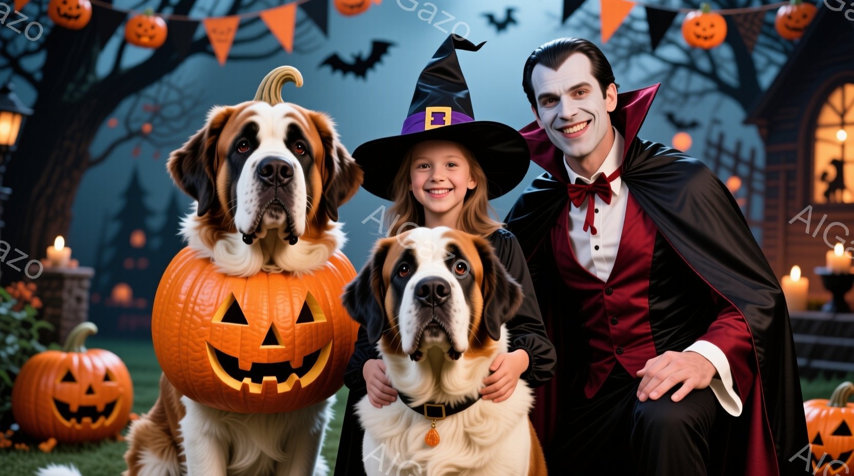 ハロウィーンの装飾が施された背景の前で、大きなセントバーナード犬2匹と、魔女の帽子をかぶった少女、そして吸血鬼の衣装を着た男性が写っている。犬たちは少女と男性の周りに寄り添い、暖かく微笑んでいます。背 - AI生成フリー素材