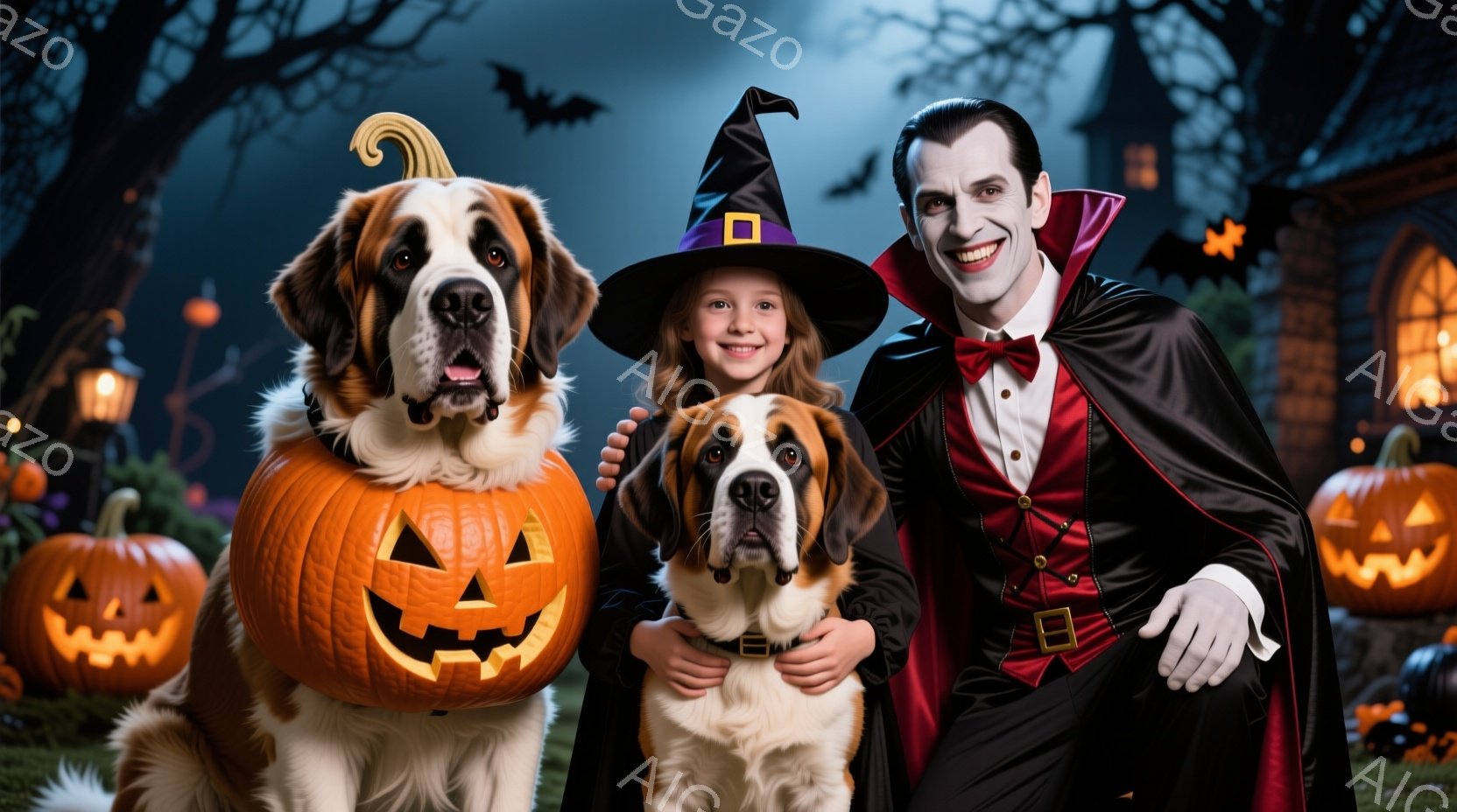 ハロウィーンの夜に、少女と吸血鬼の男性が大きな犬たちと並んで立っています。少女は黒い魔女帽子をかぶり、吸血鬼の男性は黒いマントと赤いベストを着用し、犬たちはそれぞれハロウィーンの飾りであるカボチャの横 - AI生成フリー素材