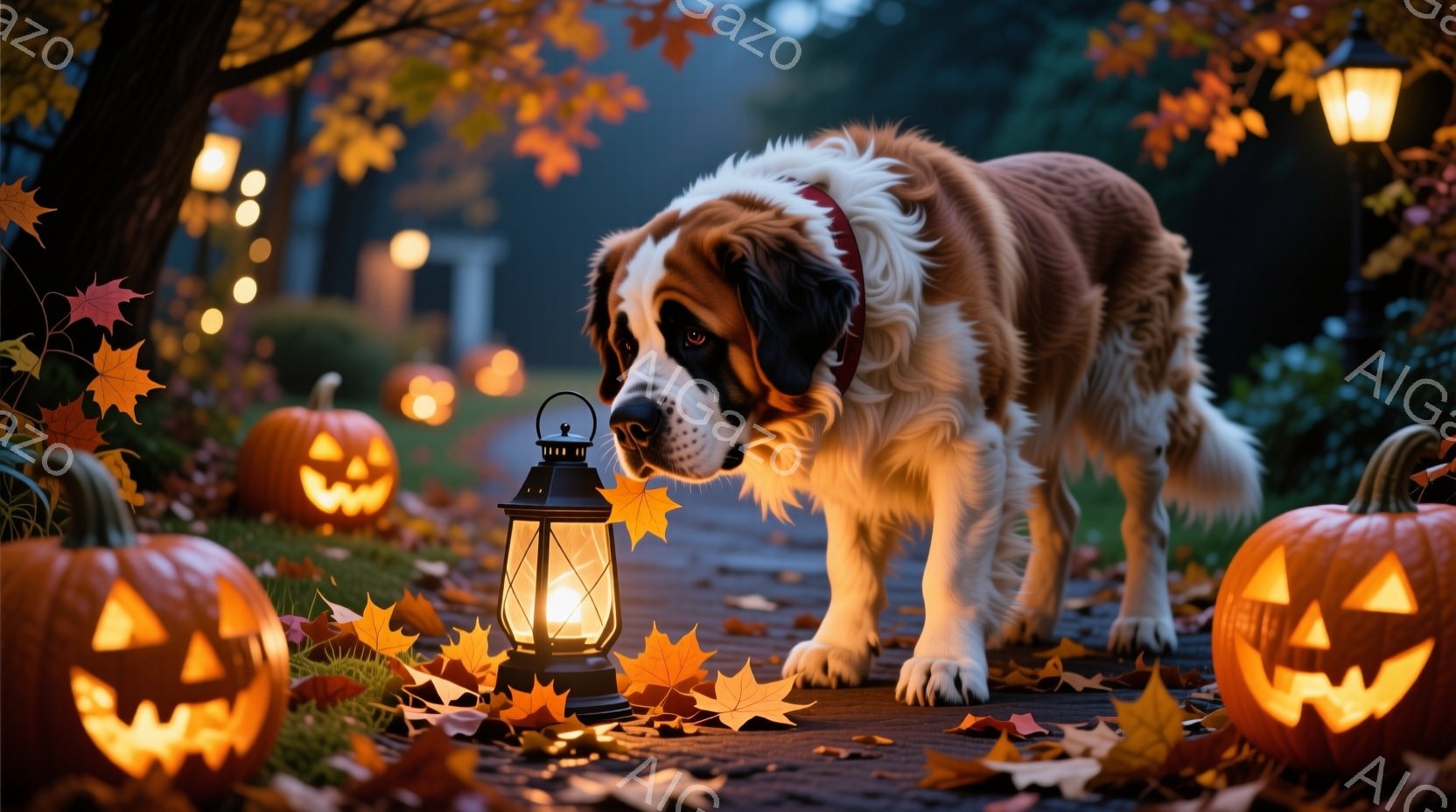 大きなセント・バーナード犬が、ハロウィーンの飾り付けがされた道を進んでいます。地面にはカボチャのランタンと紅葉が散らばり、周囲はぼんやりとした光で照らされています。犬はリラックスした表情で、秋の夜の穏やかな雰囲気を醸し出しています。