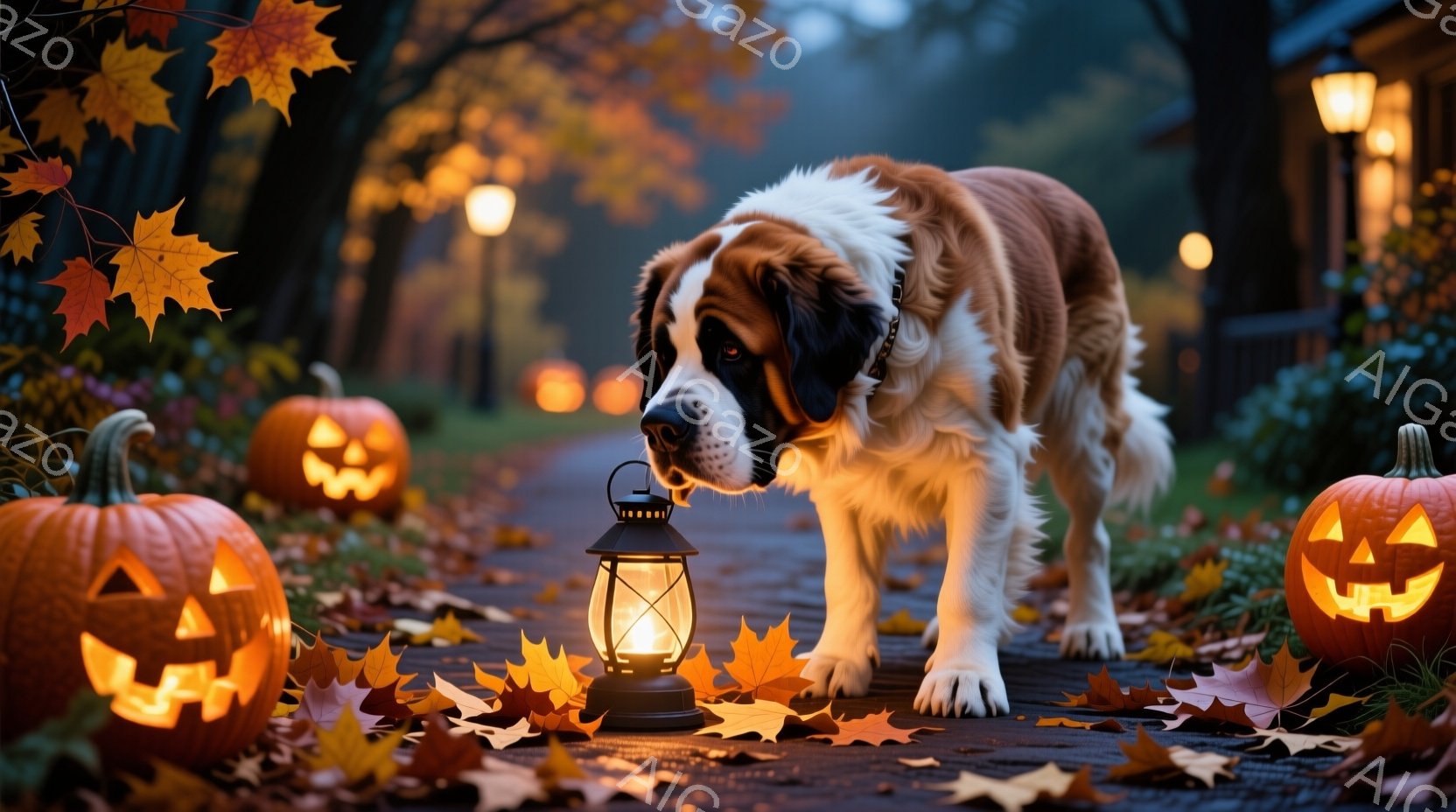 舗装された道には、ハロウィーンの装飾である彫刻されたカボチャと落ち葉が散らばり、薄暗い光が灯されています。大きなセントバーナード犬が、点灯したランタンの近くを通り過ぎようとしており、その表情は穏やかで - AI生成フリー素材