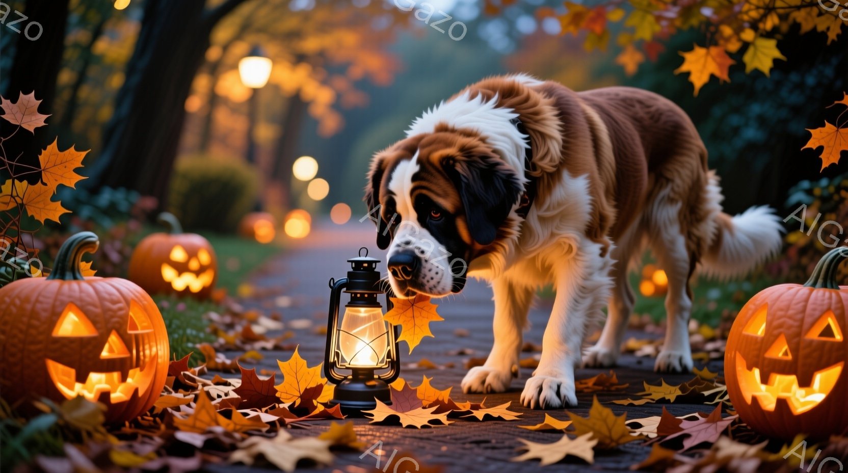 秋の夕暮れに、切り株に飾られたジャック・オー・ランタンと落ち葉が散りばめられた遊歩道を、大きなセント・バーナード犬が歩いている。犬は前方をじっと見つめ、毛並みは光に照らされて温かみのある色合いを呈している。背景にはぼんやりと木々が見え、遊歩道のランタンやジャック・オー・ランタンが暖かく幻想的な雰囲気を醸し出している。