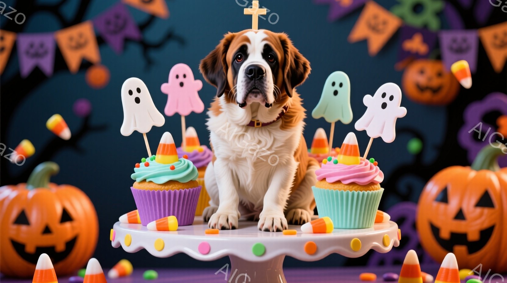 大きなセントバーナード犬が、ハロウィーンをテーマにしたケーキスタンドの上に座っています。ケーキは紫色のラッピングで飾られ、お化けとキャンディーコーンがトッピングされています。背景には、さまざまな表情をしたハロウィーンのジャック・オー・ランタンや、お化けの飾り付けが散りばめられており、お祝いの雰囲気です。
