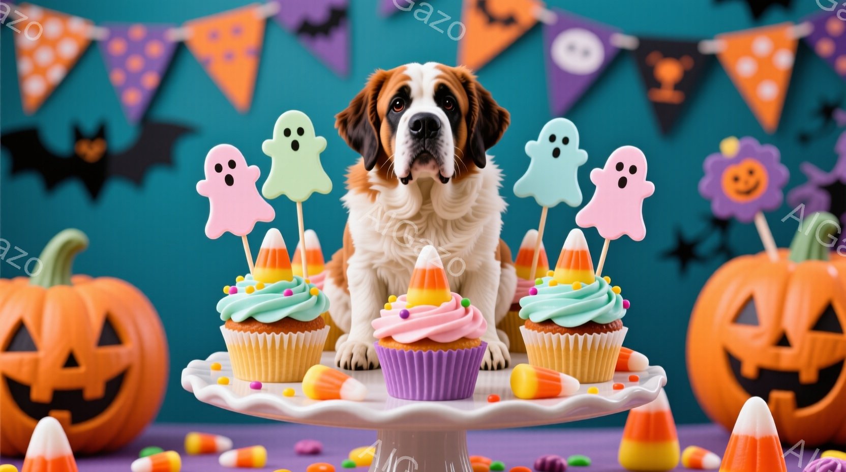 大きなセントバーナード犬が、ハロウィーンをテーマにしたケーキスタンドの前に座っています。ケーキはピンクと緑のアイシングで飾られ、キャンディコーンや小さな幽霊の飾りで彩られています。背景には、オレンジと紫のハロウィーンガーランド、ジャック・オー・ランタン、散らばったキャンディがあり、全体的に陽気で祝祭的な雰囲気です。