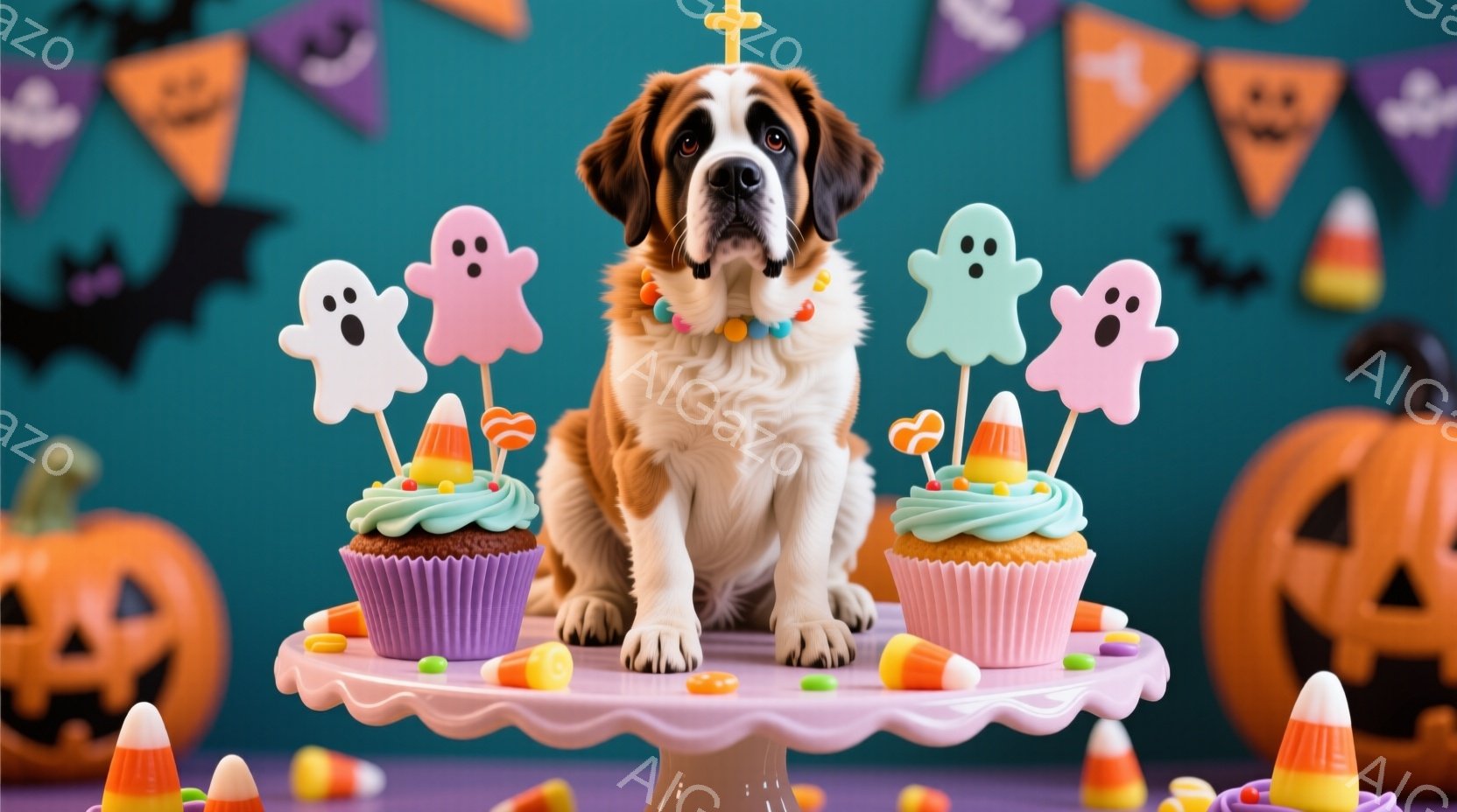 大きなセント・バーナード犬が、ハロウィーンをテーマにしたケーキの盛り合わせの前に座っています。犬は首輪を付けており、表情は穏やかで、ピンクと水色のゴーストの飾りとキャンディコーンが飾られたカップケーキに囲まれています。背景はターコイズブルーで、オレンジ色のカボチャのランタンとハロウィーンのバナーが飾られており、お祝いの雰囲気を醸し出しています。