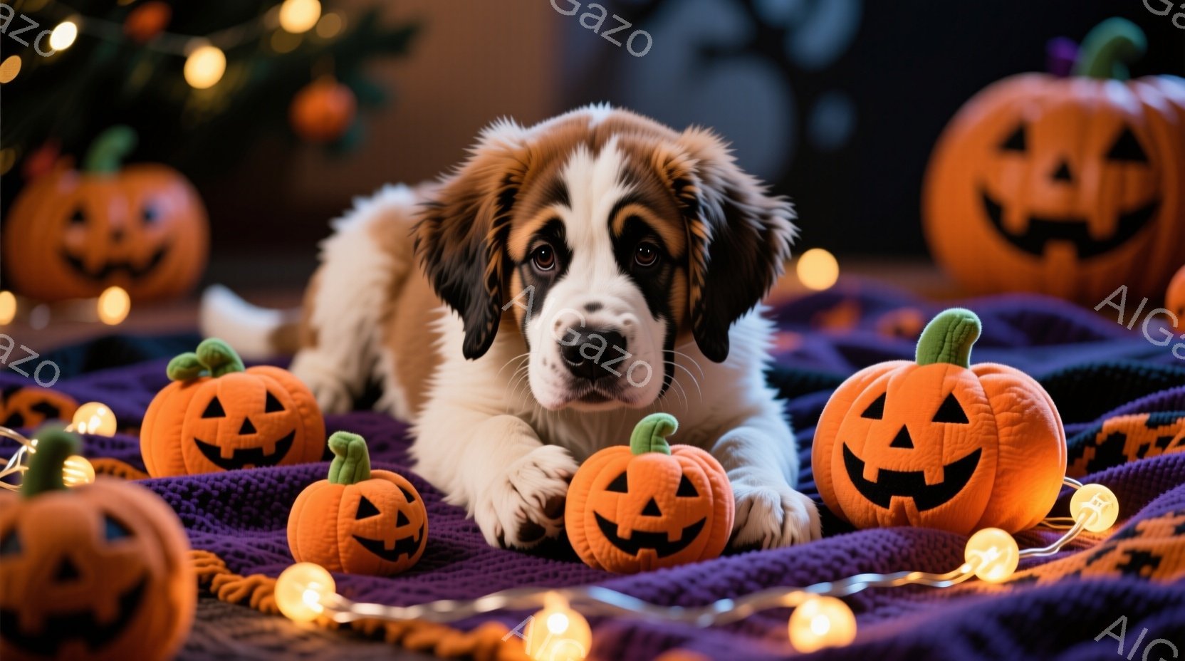 ふわふわのセント・バーナードの子犬が紫色のニット生地の上に横たわっており、周囲にはハロウィーンのオレンジ色のジャック・オ・ランタン型のぬいぐるみがたくさん並んでいます。子犬は穏やかな表情でカメラを見つめ、背景にはぼんやりとクリスマスツリーのような緑色の物体と、温かい光を放つ小さな電飾が見えます。 全体的に、暖かく、居心地の良い、そしてお祝いの雰囲気が漂う、可愛らしい写真です。