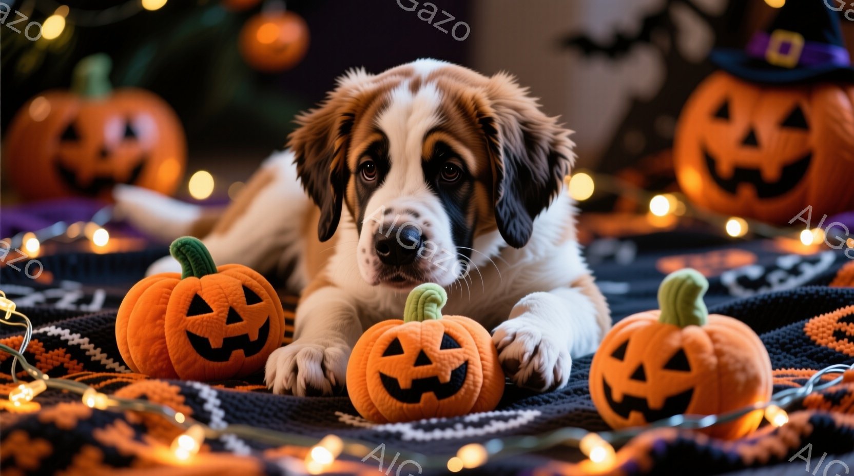 白と茶色の毛並みを持つ子犬が、ハロウィーンの小さなカボチャの周りに横たわっています。子犬は前足を伸ばし、リラックスした表情でカメラを見つめており、背景にはハロウィーンの飾り付けとオレンジ色の光が散りば - AI生成フリー素材