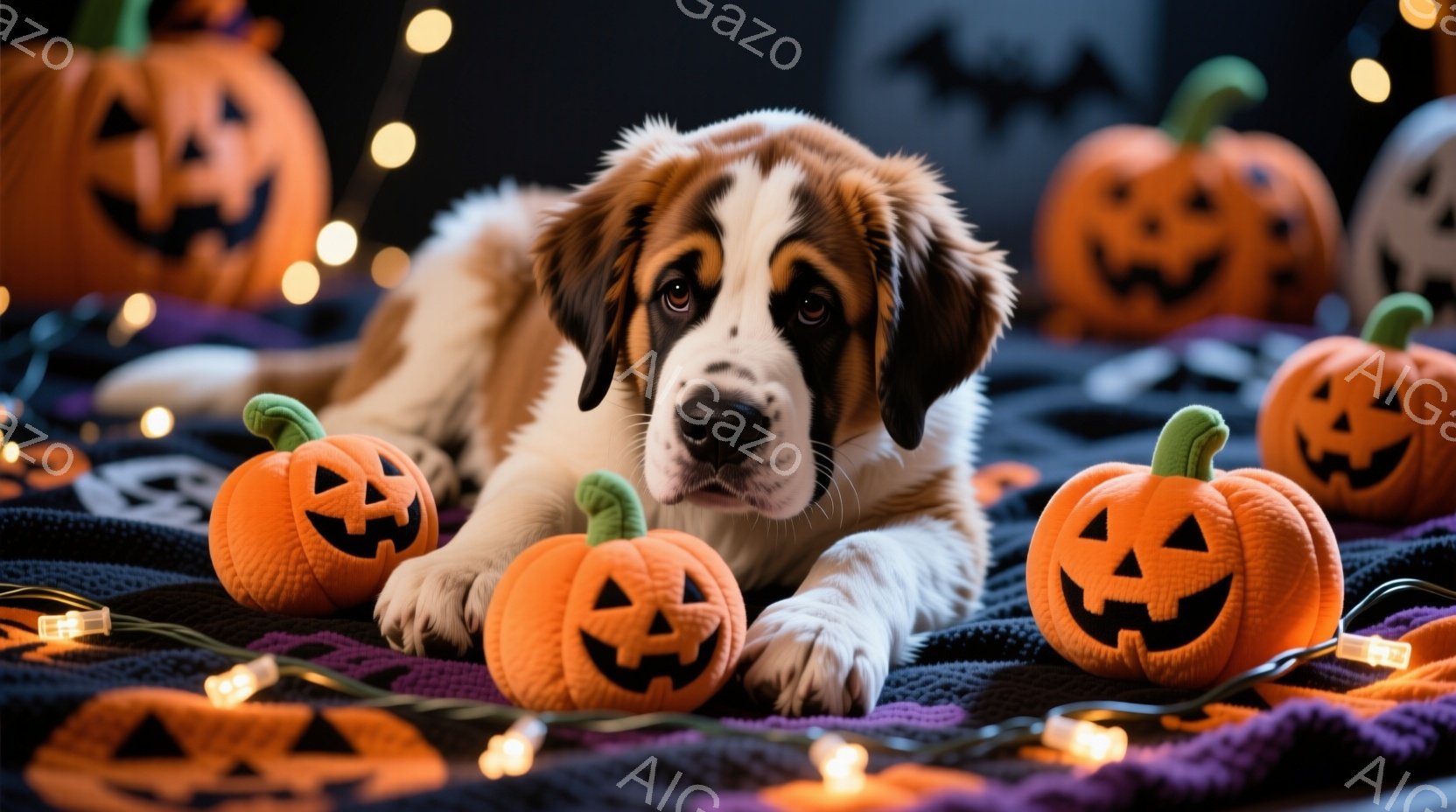 大きなセント・バーナード犬が、ハロウィーンの飾り付けの中に横たわっています。周りには、明るく光るジャック・オ・ランタンの置物と紫色の布が散りばめられ、ハロウィーンらしい雰囲気を醸し出しています。犬はリ - AI生成フリー素材