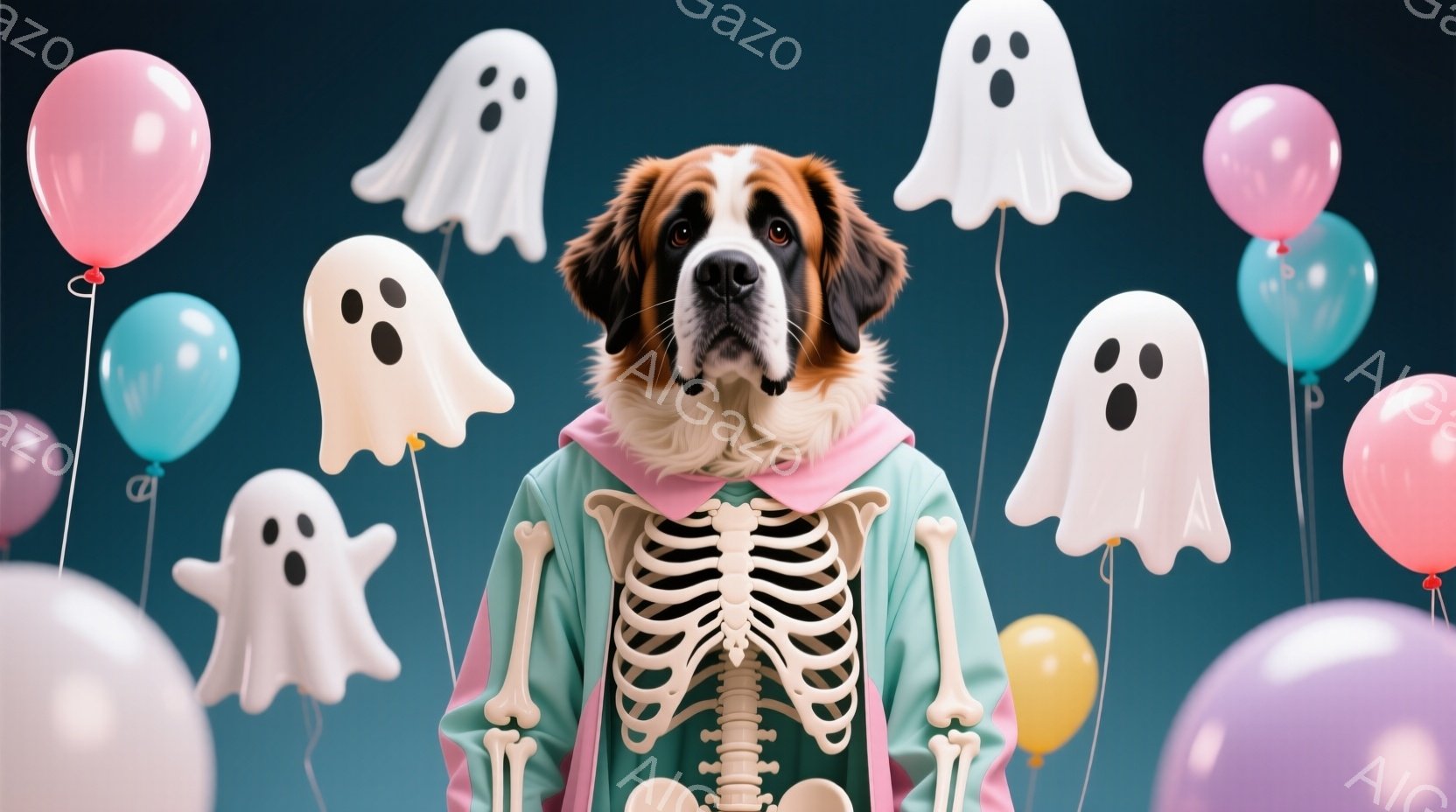 人はいないが、写真には怖いお化けとバルーンがたくさんあります。ドッグは緑色のスウェットシャツを着て、サンダルも履いています。背景は深い青で、これは恐ろしい雰囲気があります。